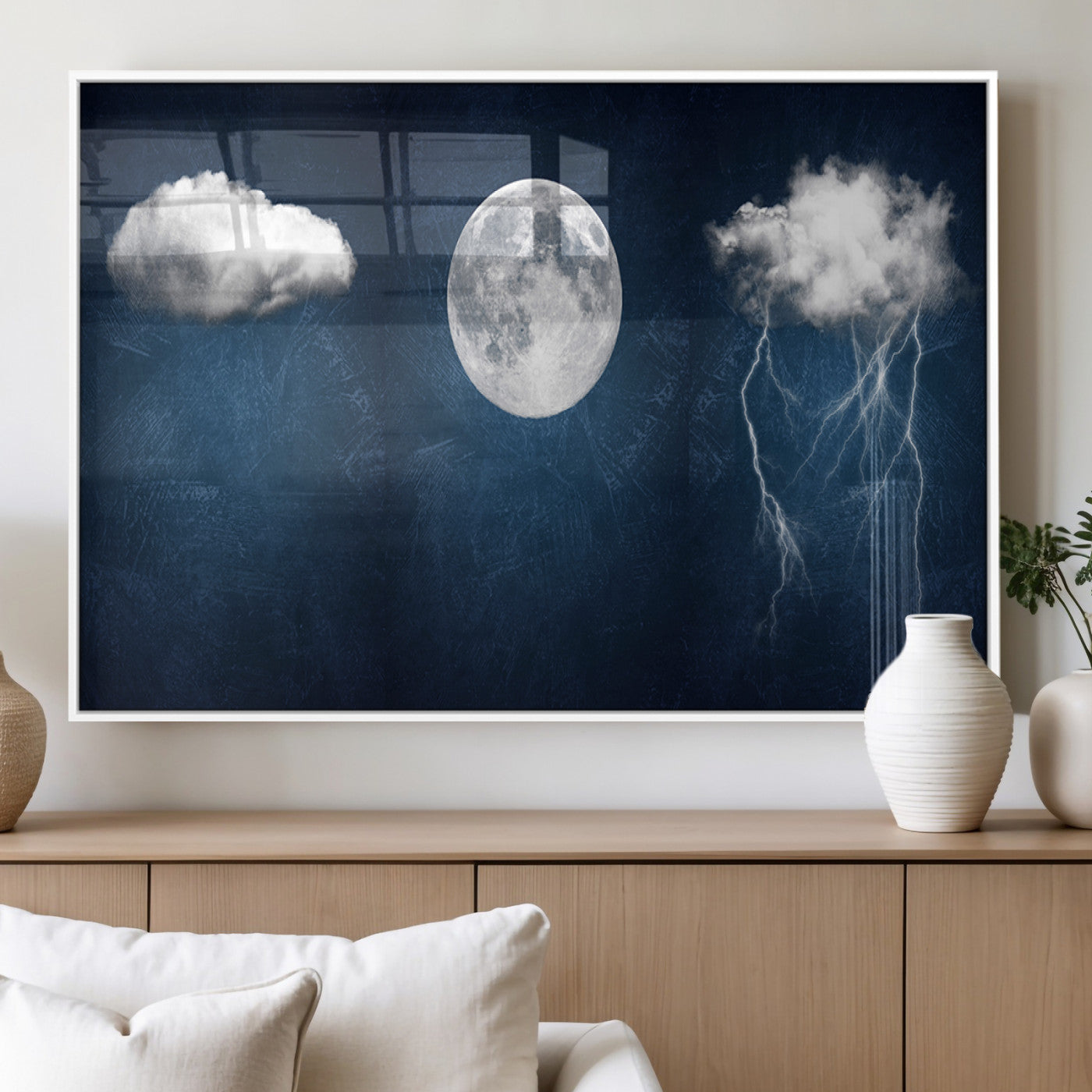 96569-MGV-FP-36X24-3P_White-Dark Blue Cloud Art, 3 Piece Indigo Blue Wall Art, Aesthetic Surreal Art, Thunderstorm Moon Cloud