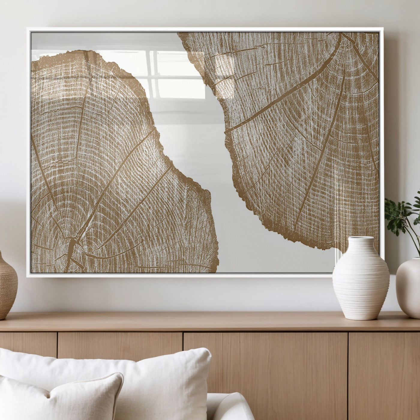 99692-MGV-FP-36X24-3P_White-Rustic Brown Tree Ring Wall Art Canvas Print – Framed and Ready to Hang – Elegant Nature-Inspired