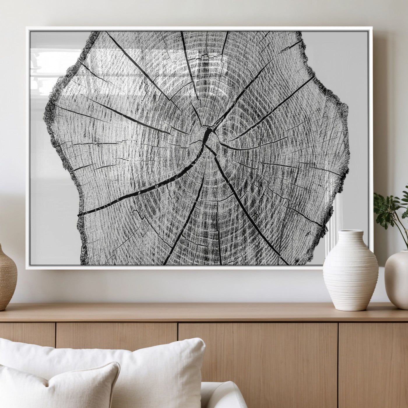 98709-MGV-FP-36X24-3P_White-Rustic Tree Ring Wall Art Canvas Print – Framed and Ready to Hang – Perfect for Nature-Inspired and