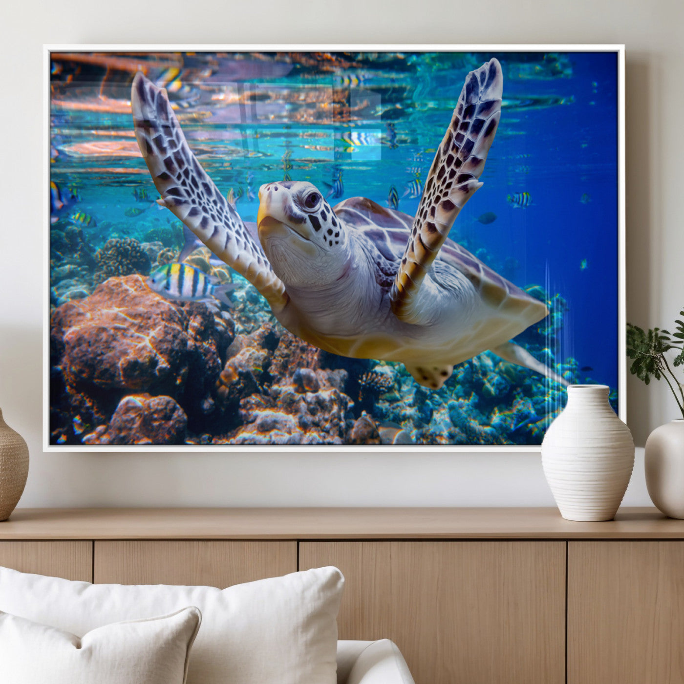 12683-MGV-FP-36X24-3P_White-Underwater Sea Turtle Wall Art Canvas Print – Vibrant Ocean Coral Reef Décor, Ready to Hang