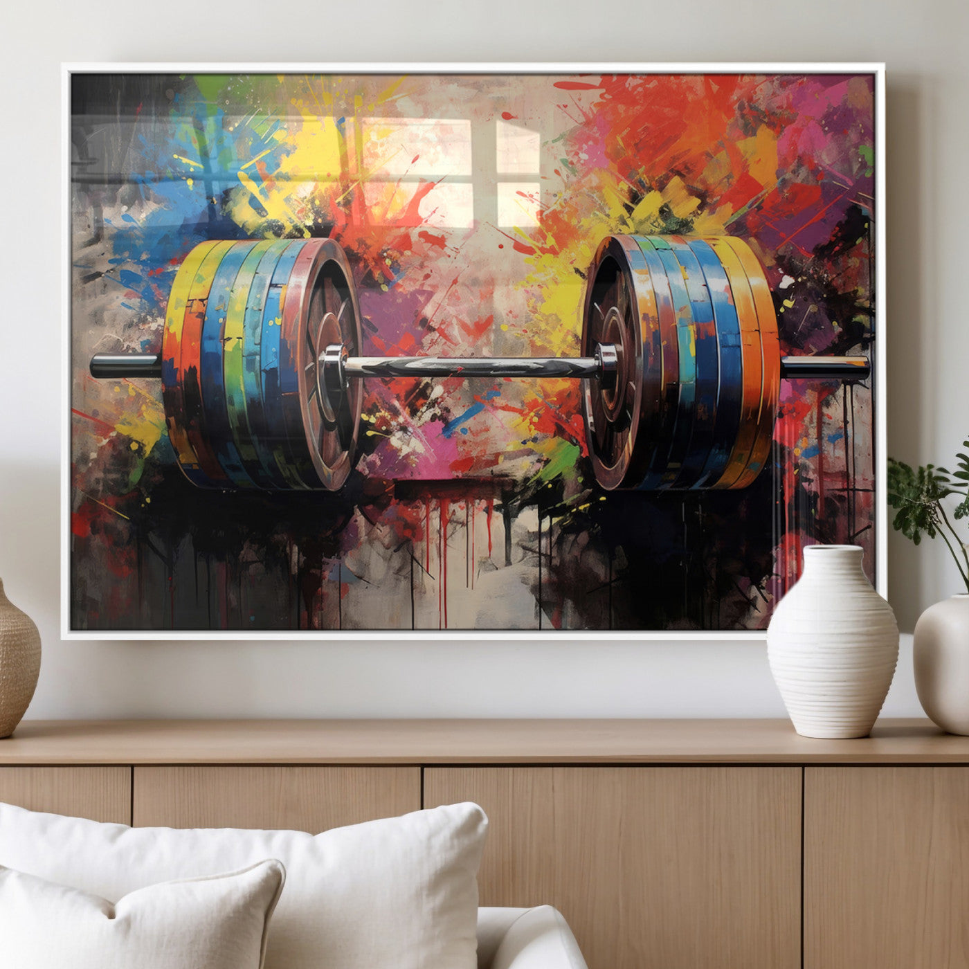 80436-MGV-FP-36X24-3P_White-Weightlifting Barbell Art Triptych, Bold Abstract Fitness Wall Decor for Gym or Home, Giclee Canvas