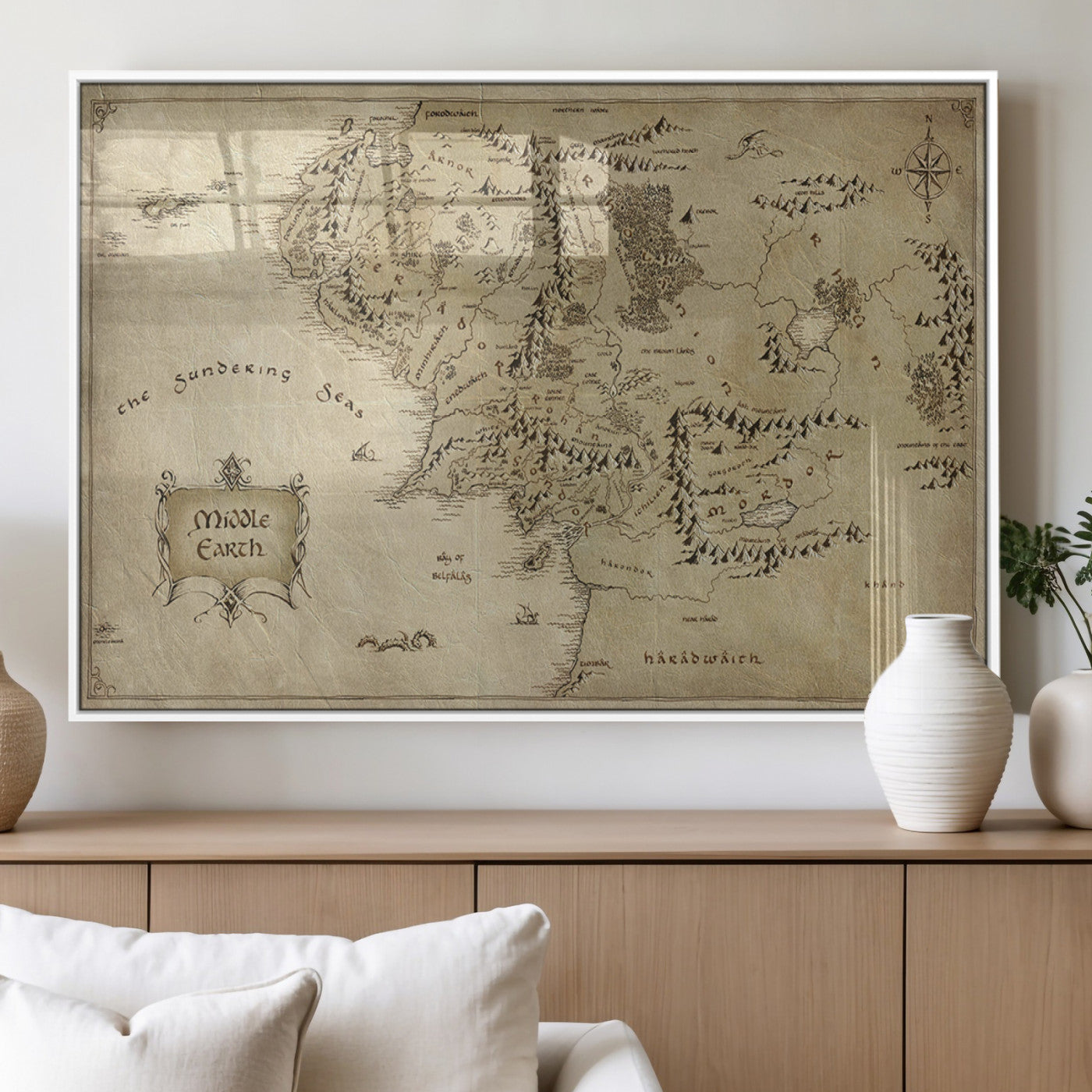 21784-MGV-FP-36X24-3P_White-Vintage Middle Earth Map Wall Art Canvas – Lord of the Rings Inspired Framed Map Print, Classic Fantasy Decor for Home, Office