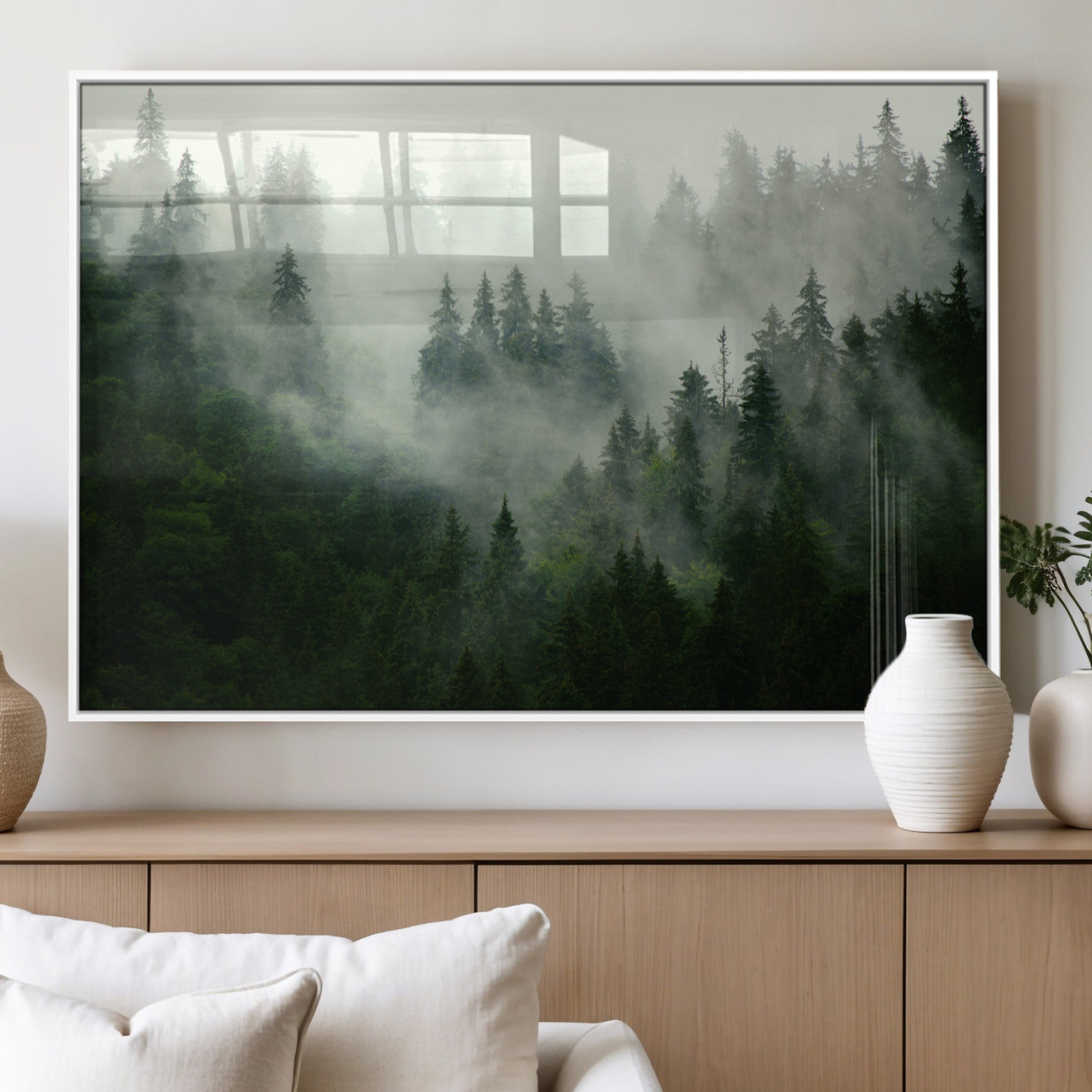 167720496-MGV-FP-36X24-3P_White-Misty Forest Wall Art – Tranquil Green Woodland Canvas Print, Nature Landscape Decor for Living Room, Bedroom or Office