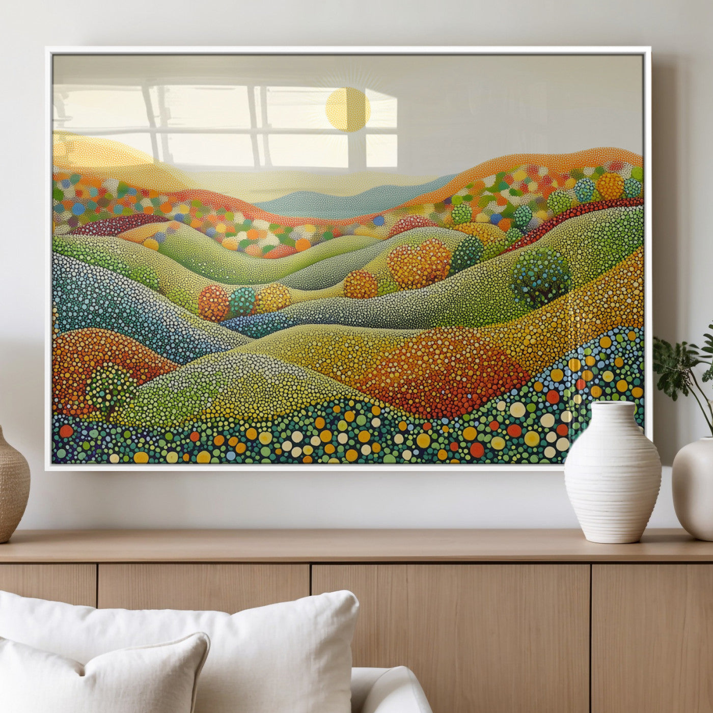 27683-MGV-FP-36X24-3P_White-YAYOI KUSAMA Colorful Dot Art Landscape Canvas - Framed Abstract Pointillism Inspired by Nature with