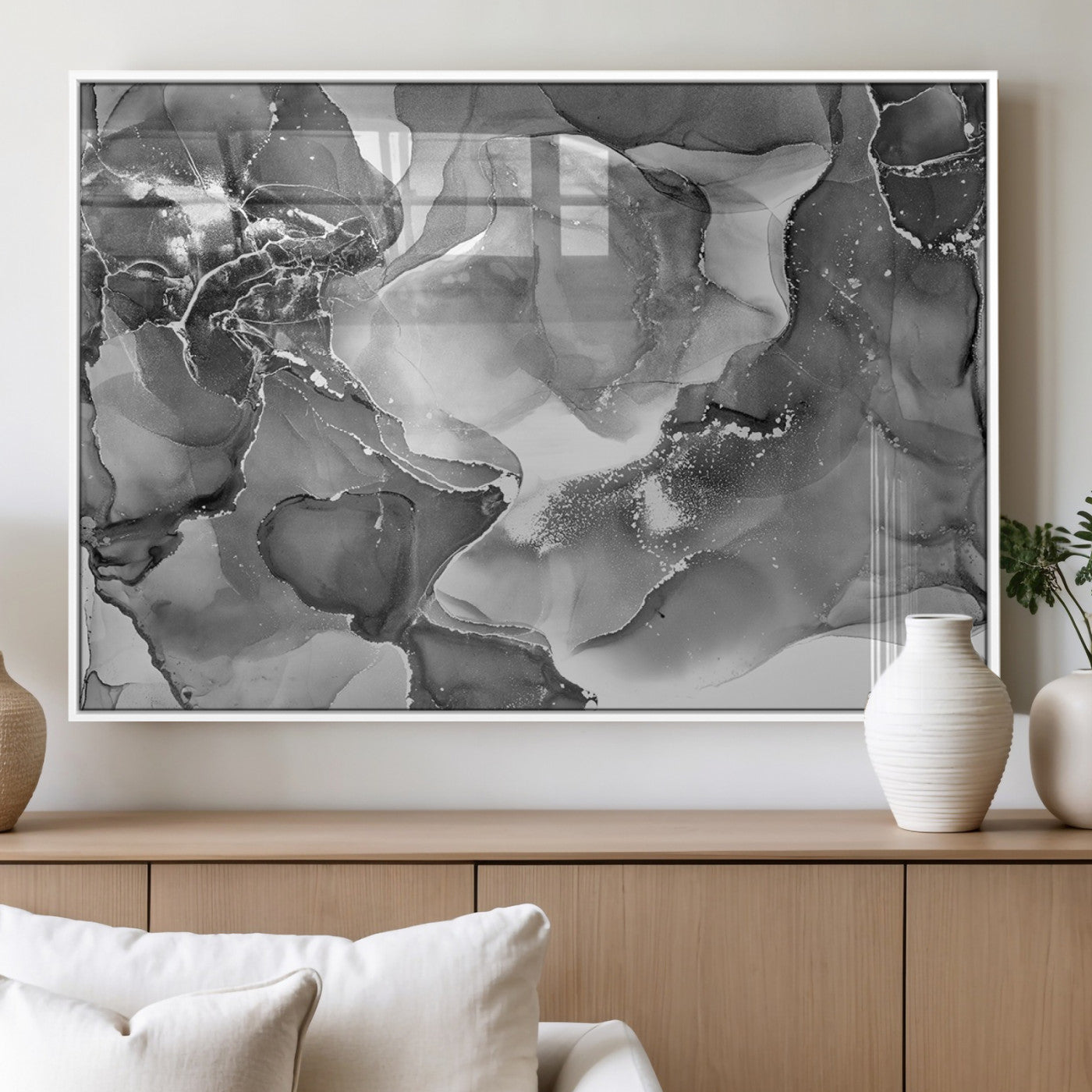 15911-MGV-FP-36X24-3P_White-Black White Abstract Canvas Wall Art - Fluid Ink Artwork - Modern Luxury Wall Decor for Contemporary