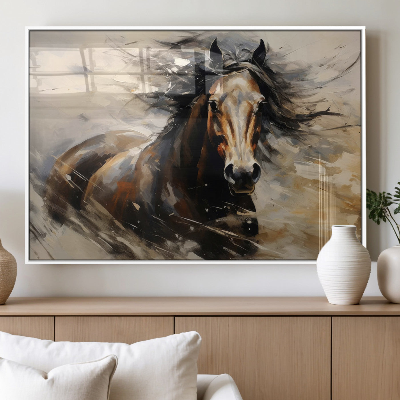 53001-MGV-FP-36X24-3P_White-Abstract Wall Art Horse Print - Large Western Horse Canvas - Farmhouse Woodland Wall Art - Framed