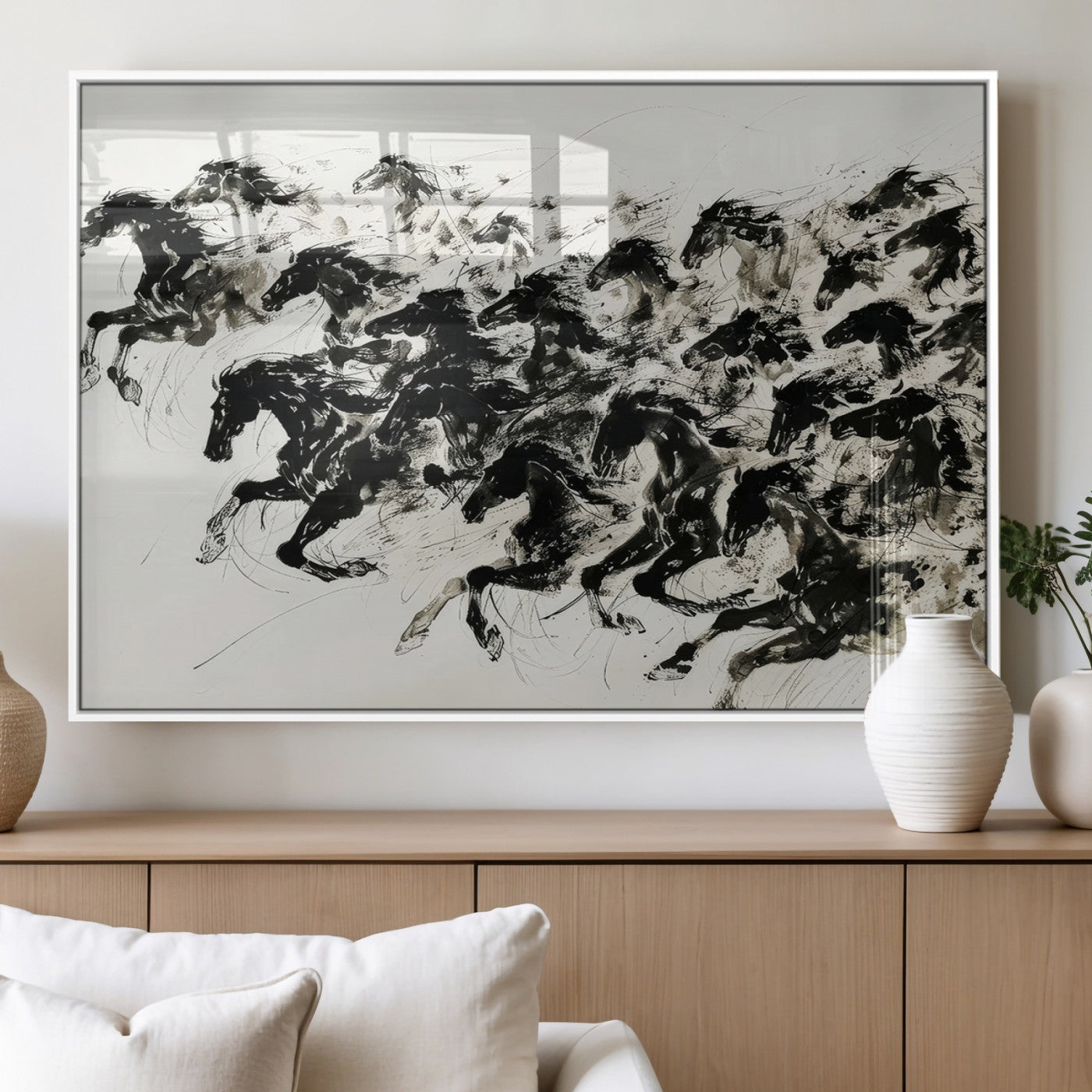 23069-MGV-FP-36X24-3P_White-Abstract Horse Wall Art Canvas Print - Dynamic Black Ink Horse Print - Modern Equine Wall Decor for