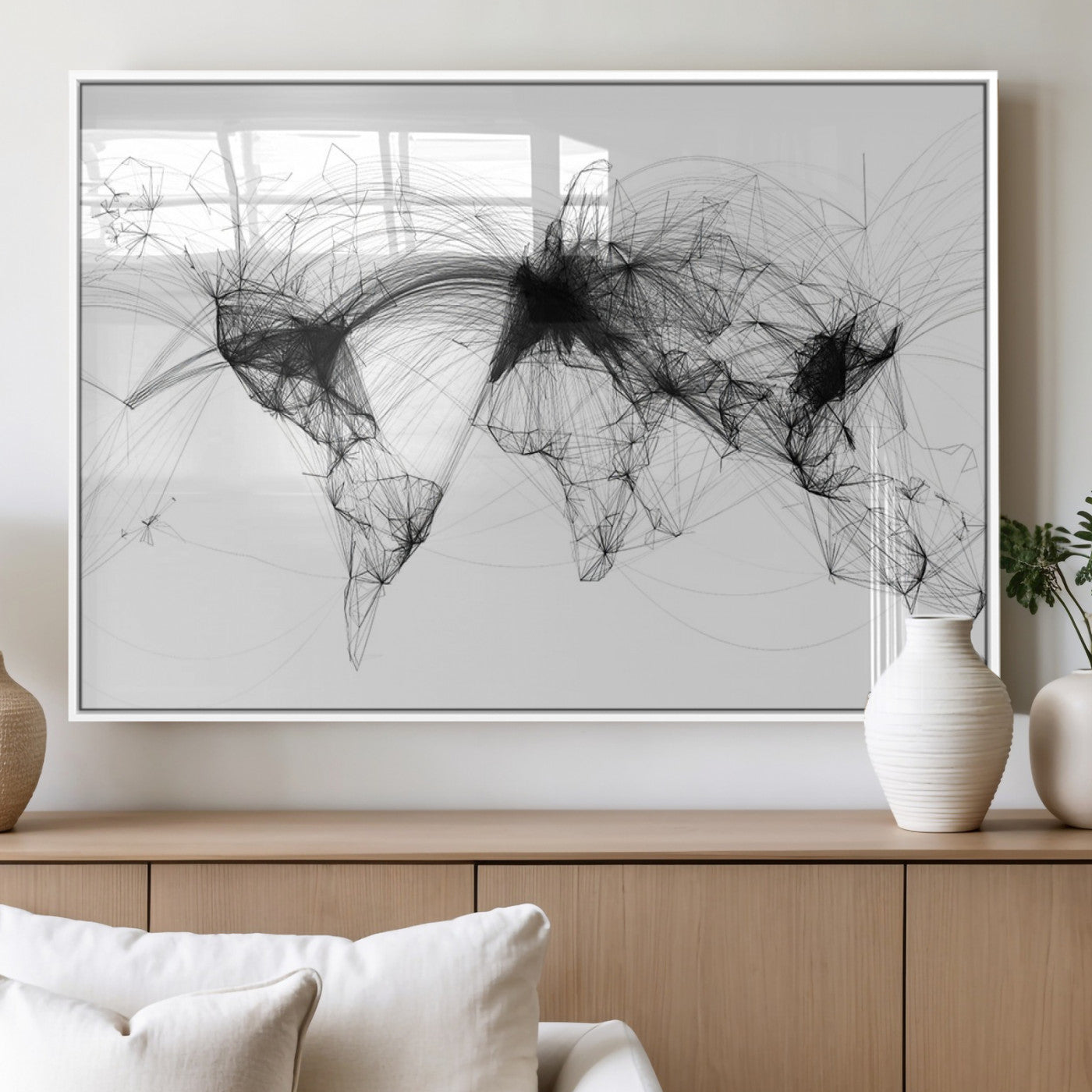 50136-MGV-FP-36X24-3P_White-Abstract World Map Wall Art – Framed Geometric Line Canvas Artwork, Modern Global Design, Contemporary Decor for Home, Office