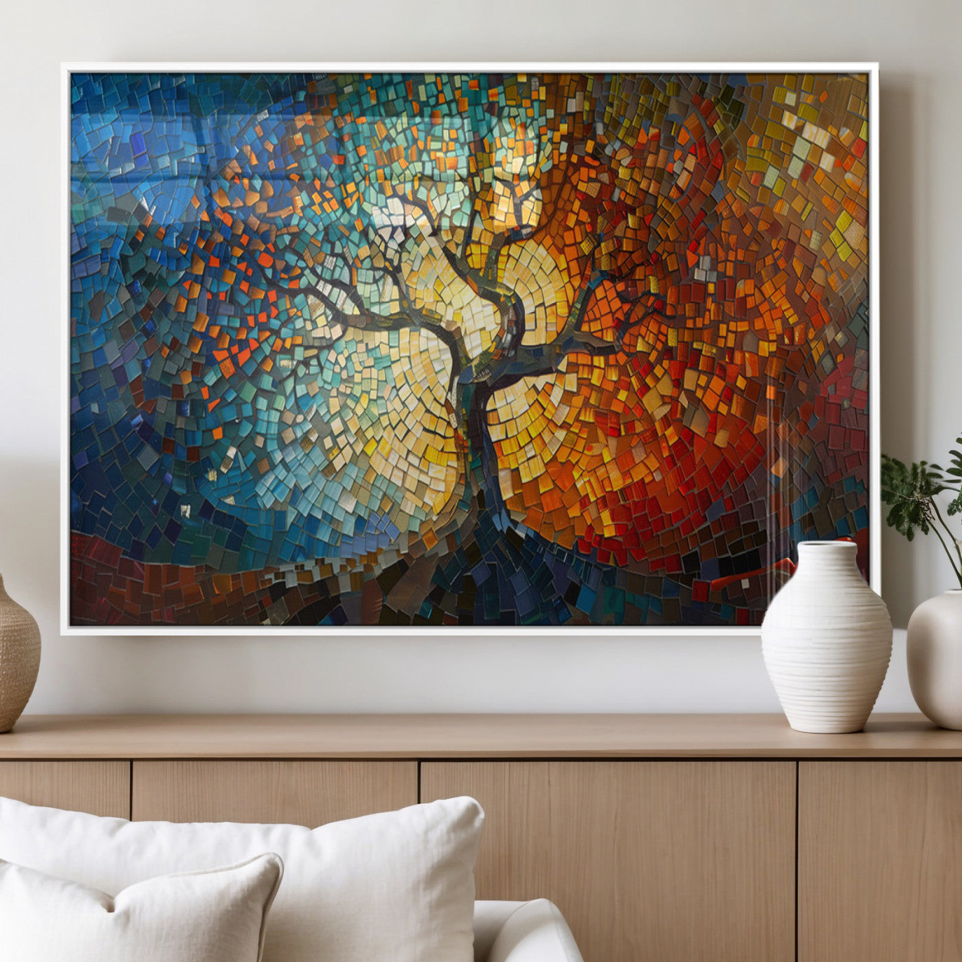 66056-MGV-FP-36X24-3P_White-Mosaic Tree Canvas Wall Art Canvas Print – Vibrant Stained Glass-Inspired Tree of Life - Ready to