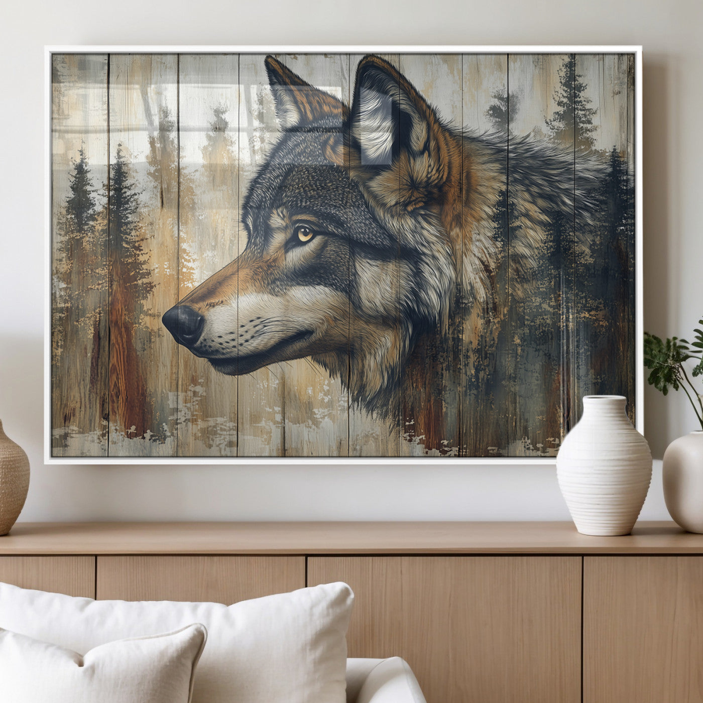 91882-MGV-FP-36X24-3P_White-Rustic Wolf Wall Art Canvas Print, Vintage Woodland Wolf Wall Art