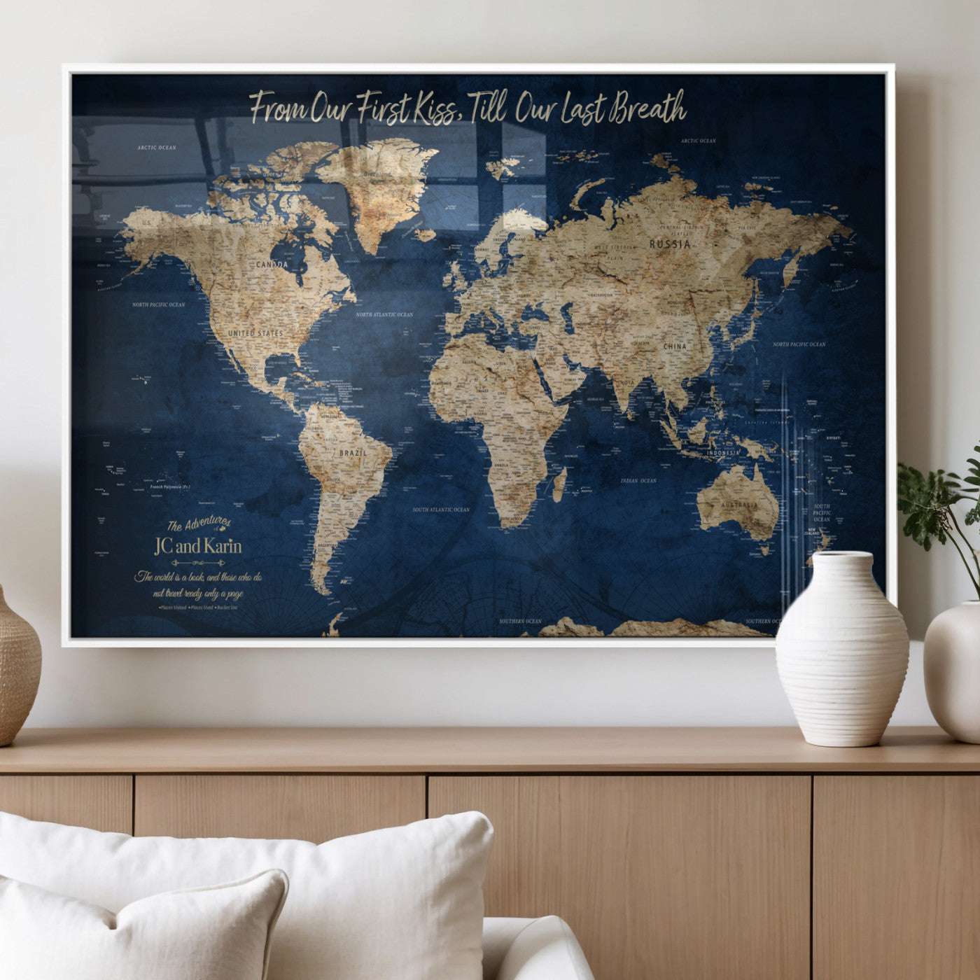 56122A-MGV-FP-36X24-3P_White-Personalized Push Pin World Map Canvas Print – Custom Couple Travel Tracker Wall Art, Framed Anniversary Gift for Home Decor