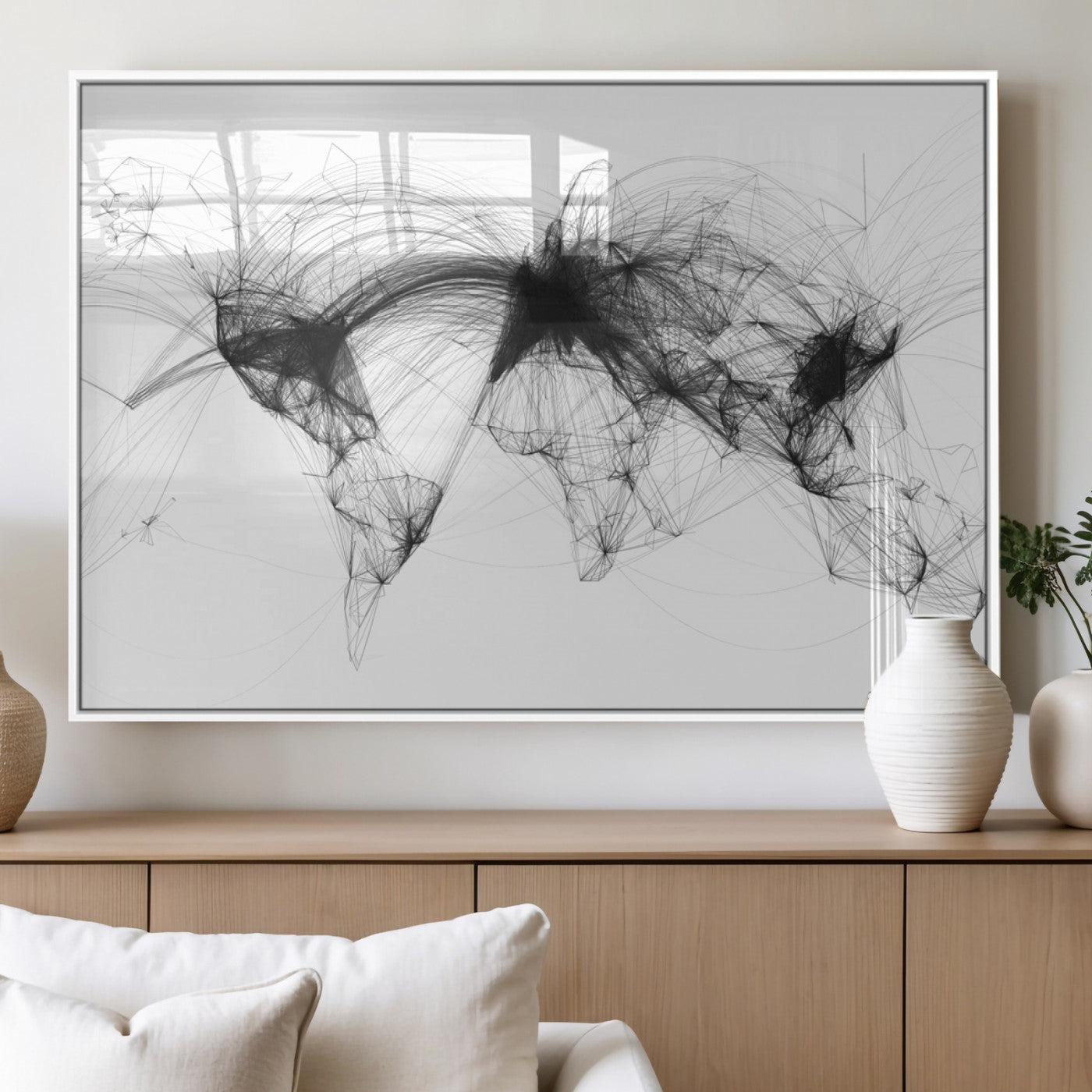 Black-Flight-Routes-MGV-FP-36X24-3P_White-Flight Routes Air Traffic Map Canvas Wall Art - Framed - Ready to Hang