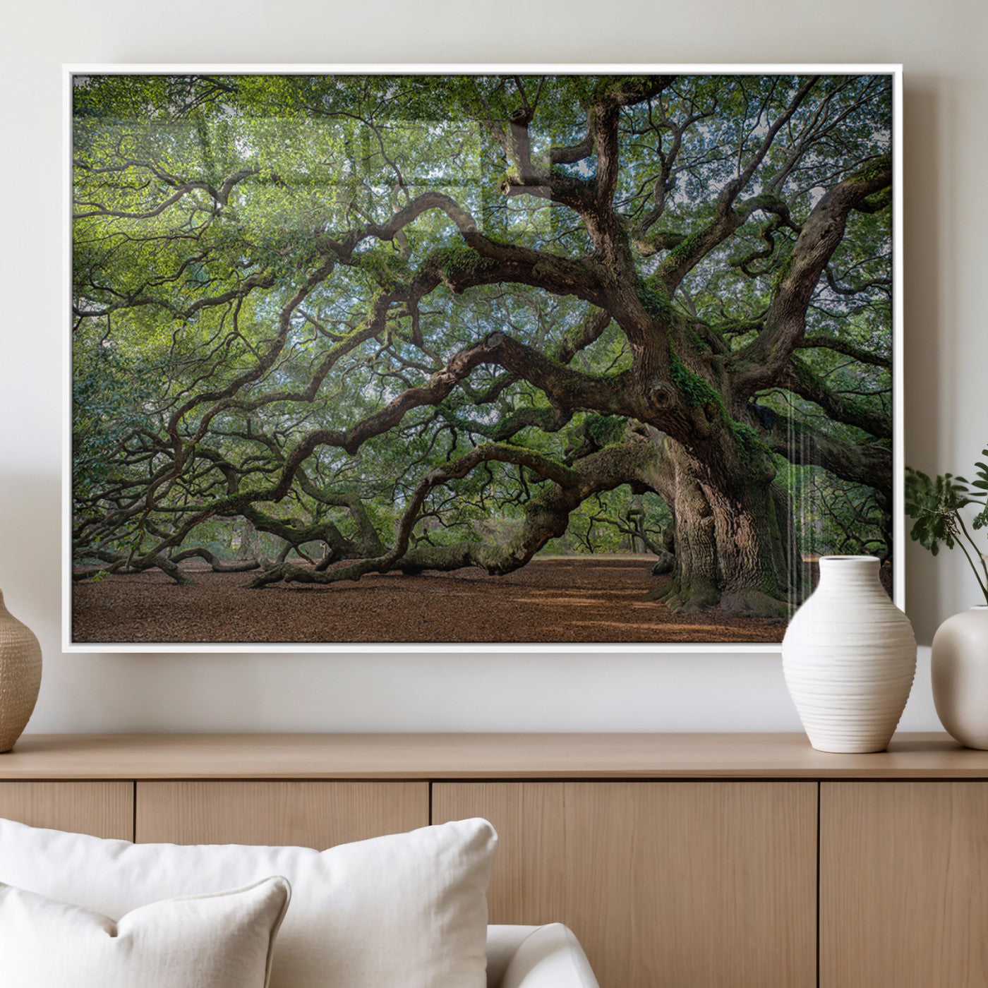 MGV-FP-36X24-3P - Ancient Oak Tree Wall Art – Canvas Print of Expansive Branches Lush Green Canopy, Tranquil Landscape, Majestic Nature Decor for Home or Office