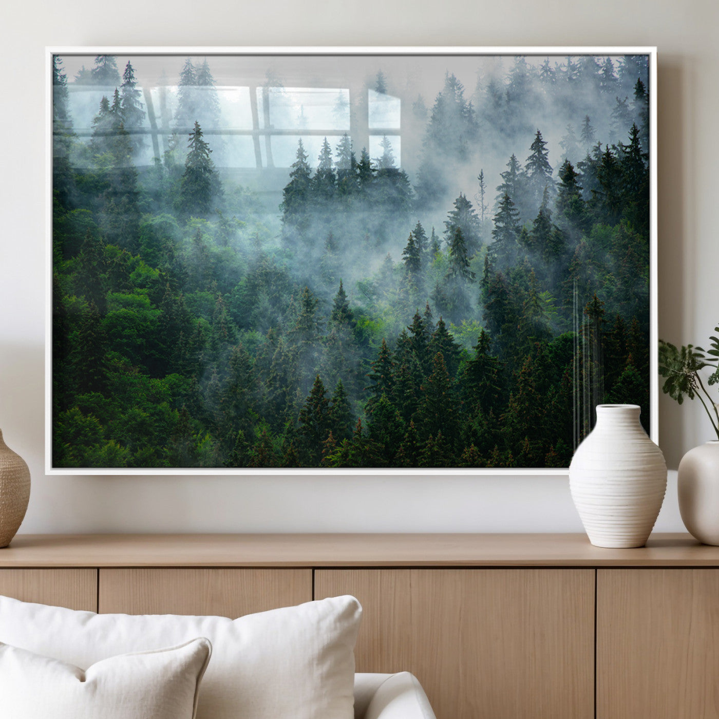 17393683-MGV-FP-36X24-3P_White-Misty Forest Wall Art Canvas Print – Framed Foggy Mountain Scene with Serene Nature Artwork for Home, Office, Living Room