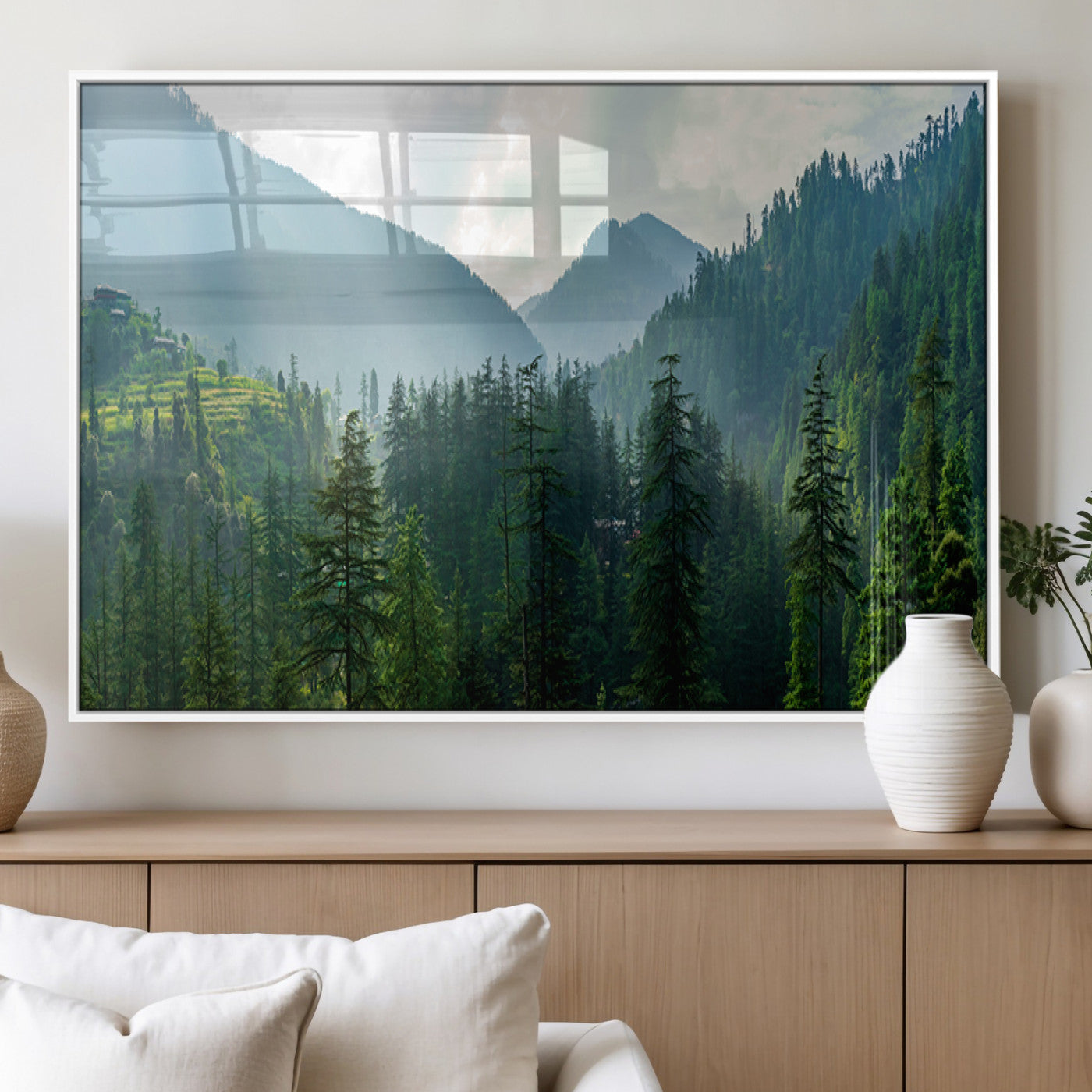 83417191-MGV-FP-36X24-3P_White-Misty Forest Mountain Wall Art Canvas Print – Framed Serene Nature Scene with Tranquil Valley Artwork for Home, Office