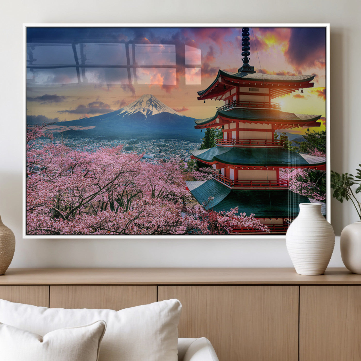32331262-MGV-FP-36X24-3P_White-Mount Fuji & Cherry Blossom Wall Art Canvas Print – Iconic Japanese Landscape, Sakura Pagoda Sunset,