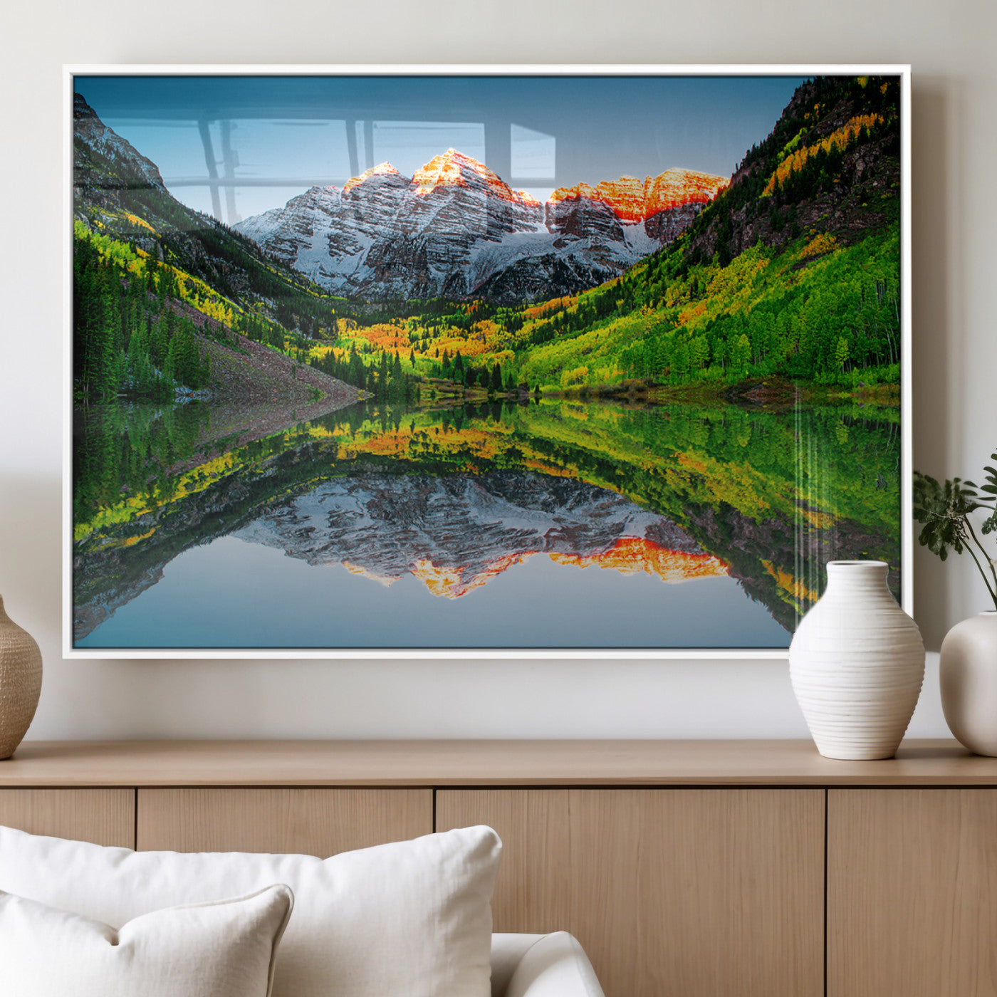17996974-MGV-FP-36X24-3P_White-Sunrise Maroon Bells Lake Wall Art Canvas Print – Framed Elk Mountains Landscape Artwork for Home, Office