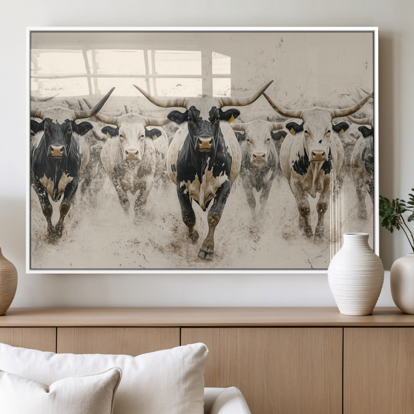 MGV-FP-36X24-3P - Cream Dust Longhorn Wall Art – Canvas Print of Western Herd Stampede, Dynamic Charge, Rustic Prairie Motion, Bold Nature Farm Decor