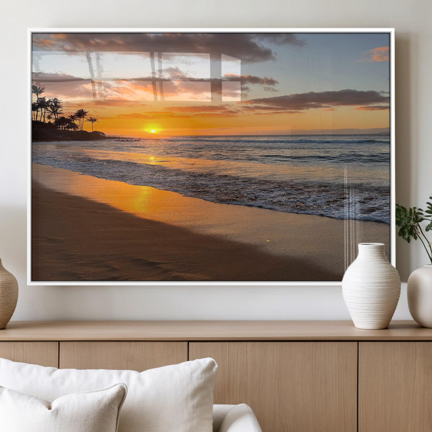 MGV-FP-36X24-3P - Sunset Glow Wall Art – Canvas Print of Ocean Breeze, Golden Sand, Tropical Palm Silhouettes, Tranquil Waves, Beach Nature Decor for Home