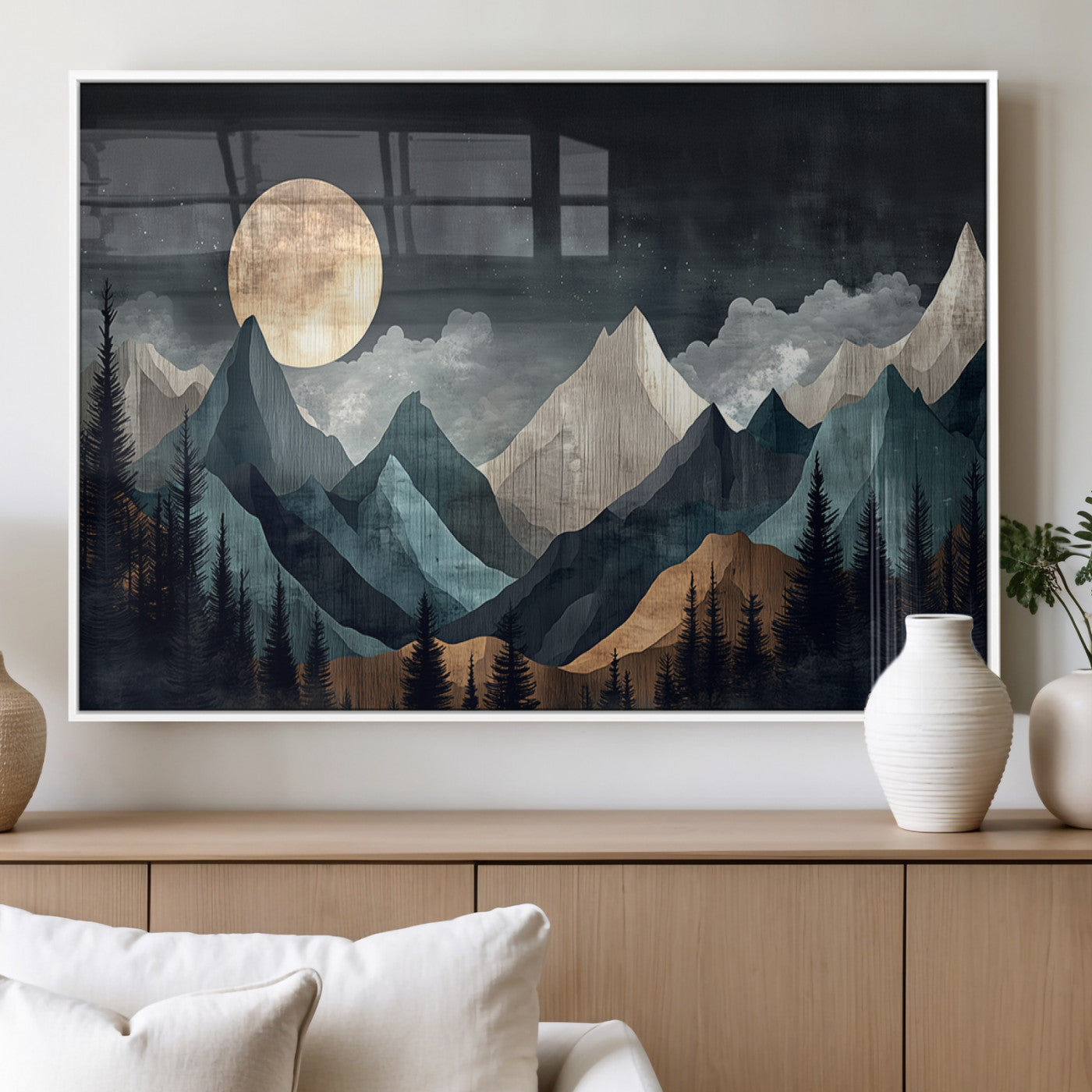 11060882-MGV-FP-36X24-3P_White-Moonlit Mountain Wall Art Canvas Print – Silhouetted Pines Layered Peaks Tranquil Sky Mist Silver Light Nature Artwork for Home