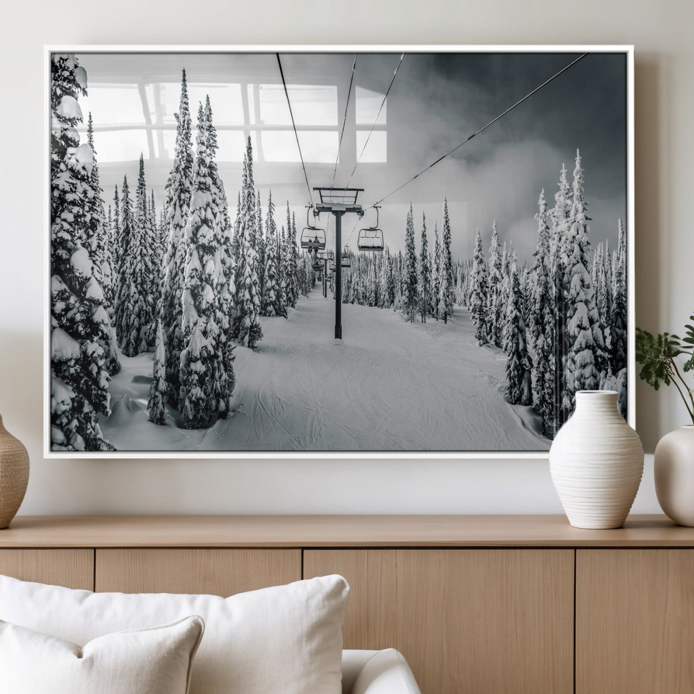 31156828-MGV-FP-36X24-3P_White-Snowy Pines Wall Art Canvas Print – Framed Ski Lift Winter Forest Snowy Landscape Moody Lodge Artwork for Home, Office