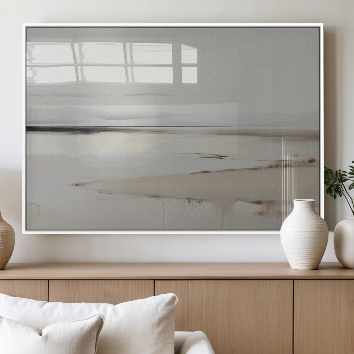 89410095-MGV-FP-36X24-3P_White-Minimalist Landscape Wall Art Canvas Print – Framed Soft Horizon Abstract Seascape Earthy Tones Artwork for Home Office