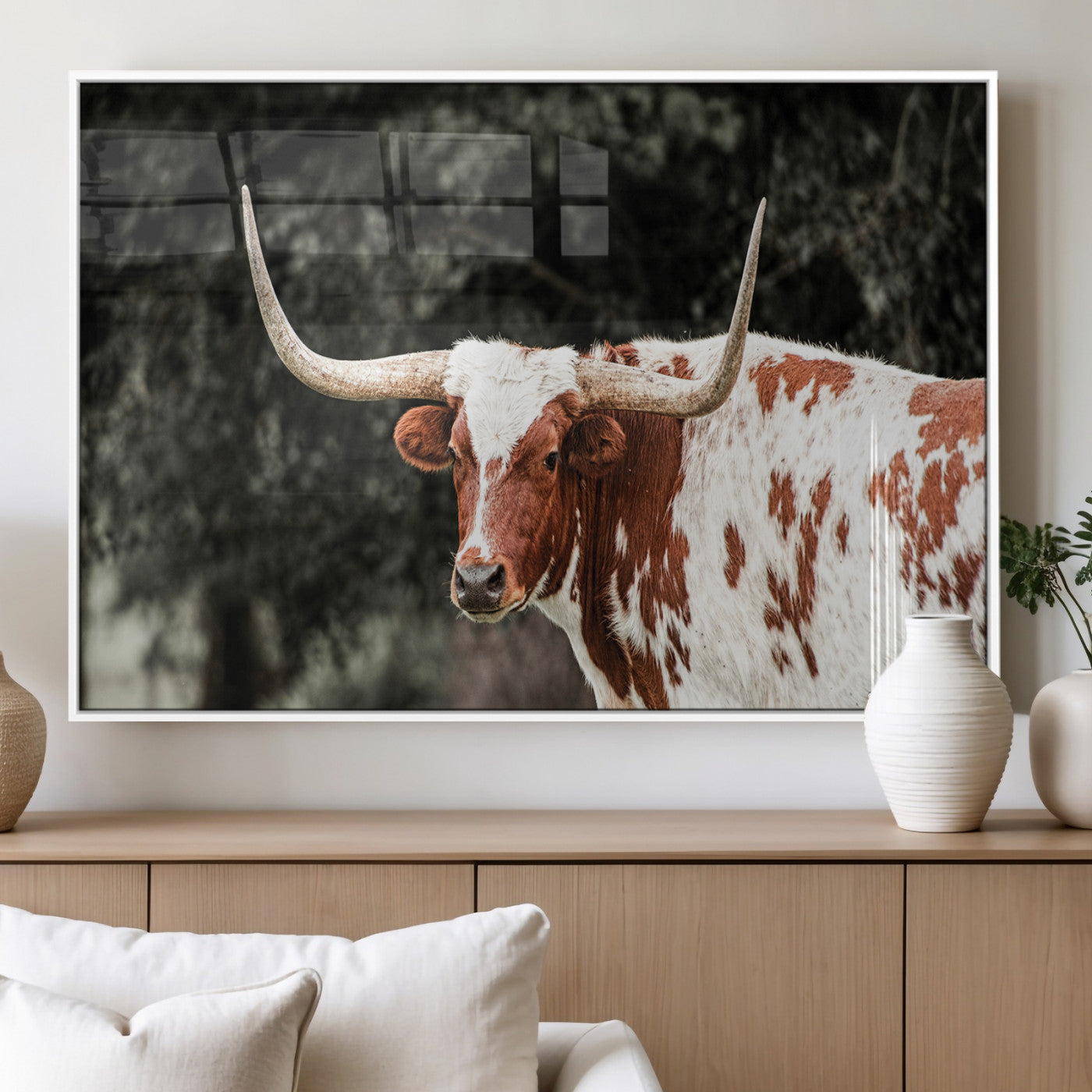 54027638-MGV-FP-36X24-3P_White-Texas Longhorn Wall Art Canvas Print – Framed Spotted Bull Horned Cattle Rustic Western Decor Artwork for Home, Office