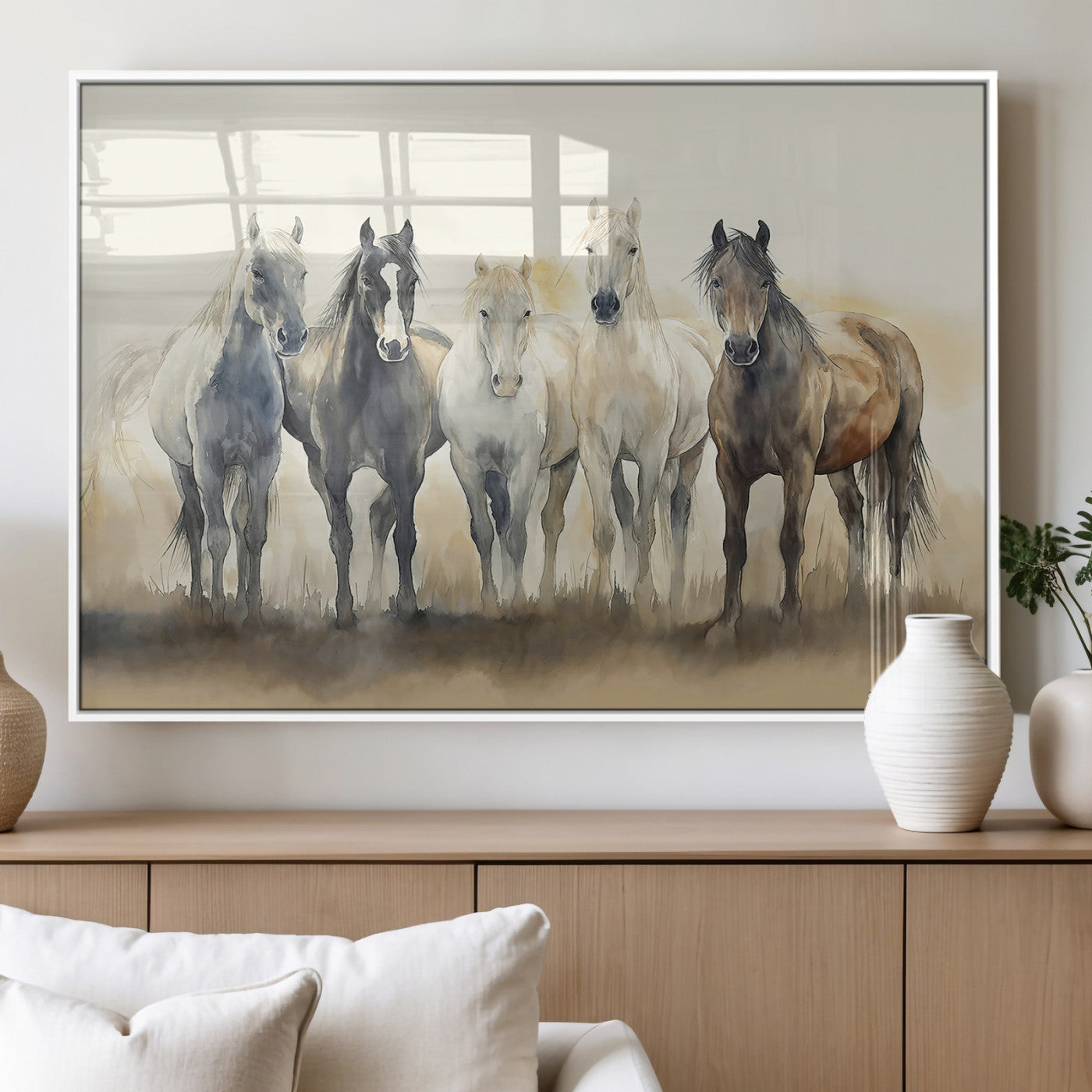 MGV-FP-36X24-3P - Wild Horses Wall Art Canvas Print, Framed Running Horses Art Picture Print, Watercolor Horses Perfect Rustic Western Decor Artwork