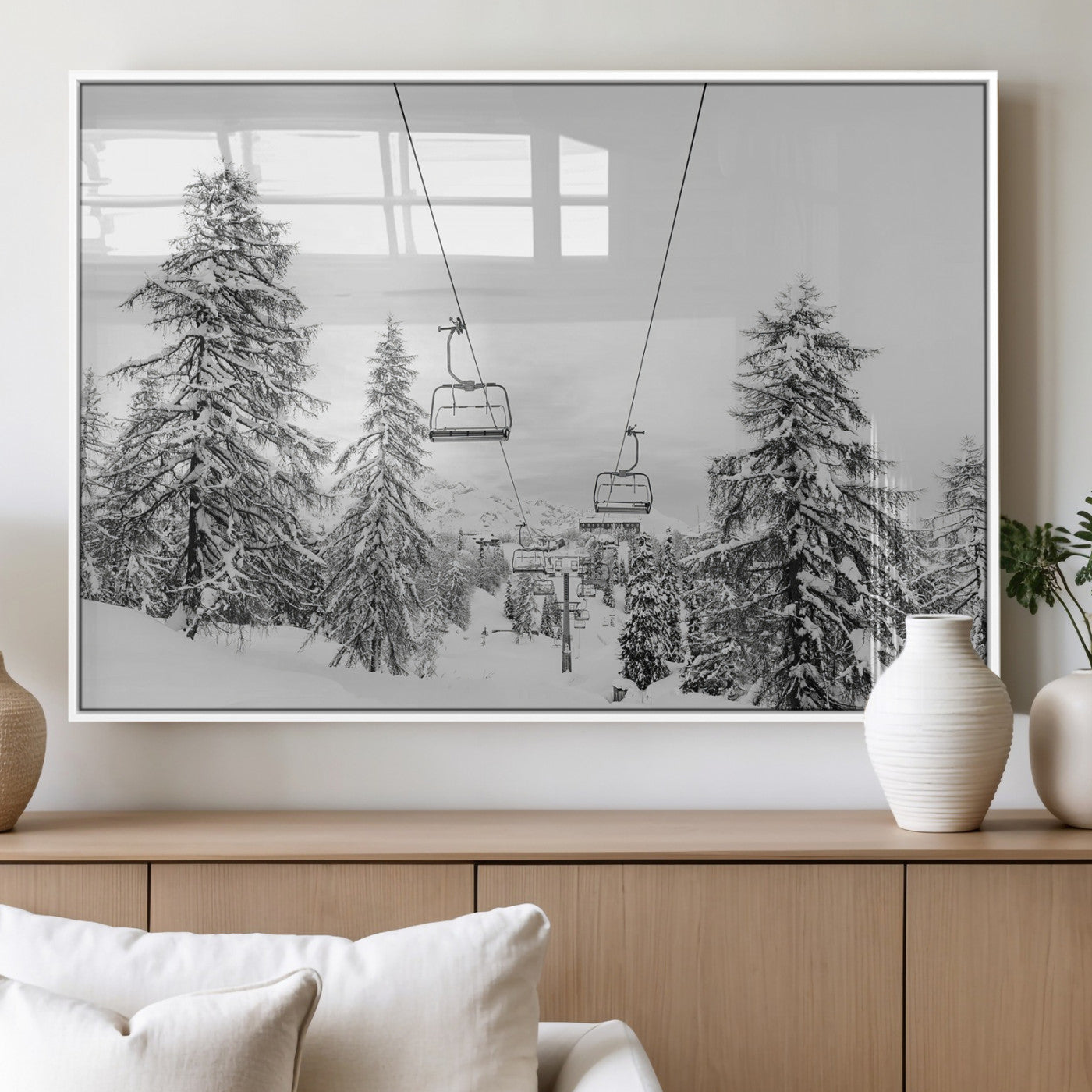 55003599-MGV-FP-36X24-3P_White-Snowy Ski Lift Wall Art – Framed Winter Forest Canvas Artwork, Peaceful Mountain Design, Modern Nature Decor for Home, Office