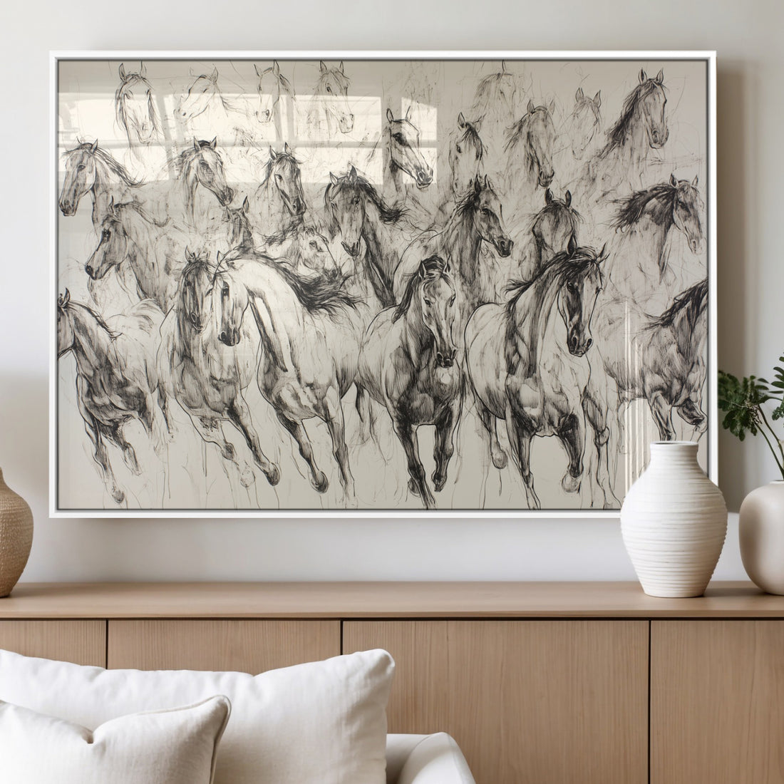 Abstract Horse Wall Art Canvas Print, Framed Horse Sketch with Galloping Herd