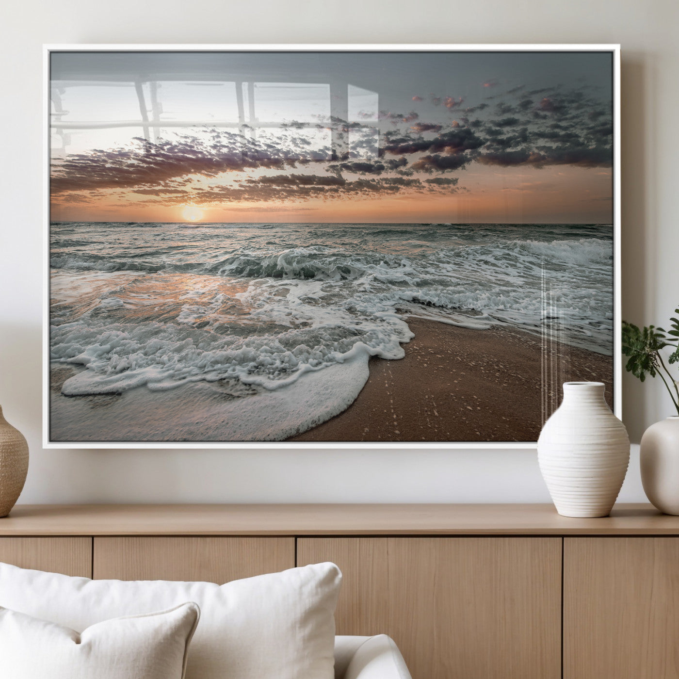 40632752-MGV-FP-36X24-3P_White-Ocean Sunset Wall Art Canvas Print – Framed Beach Waves Scene with Coastal Artwork for Home, Office, Living Room