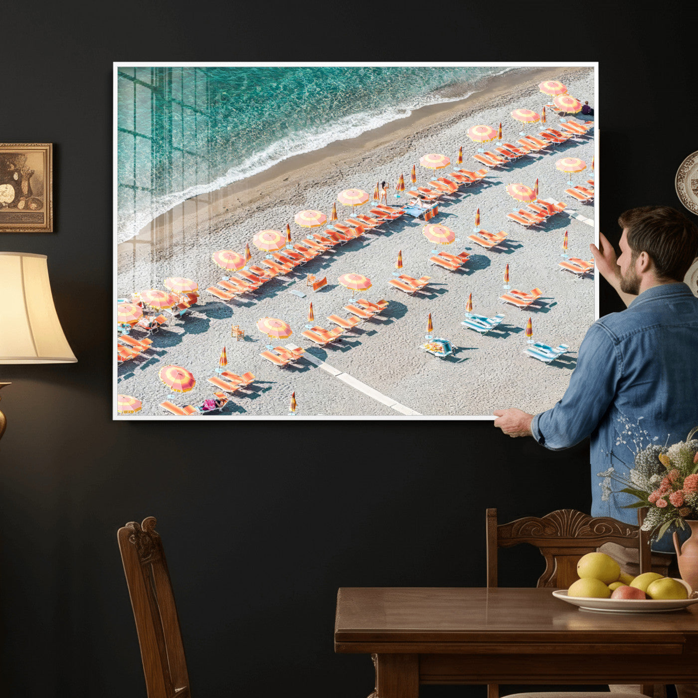 27805351-MGV-CV-36X24 - Beach Umbrellas Wall Art – Orange Loungers & Turquoise Water Canvas Print, Sandy Shore and Summer Vibes