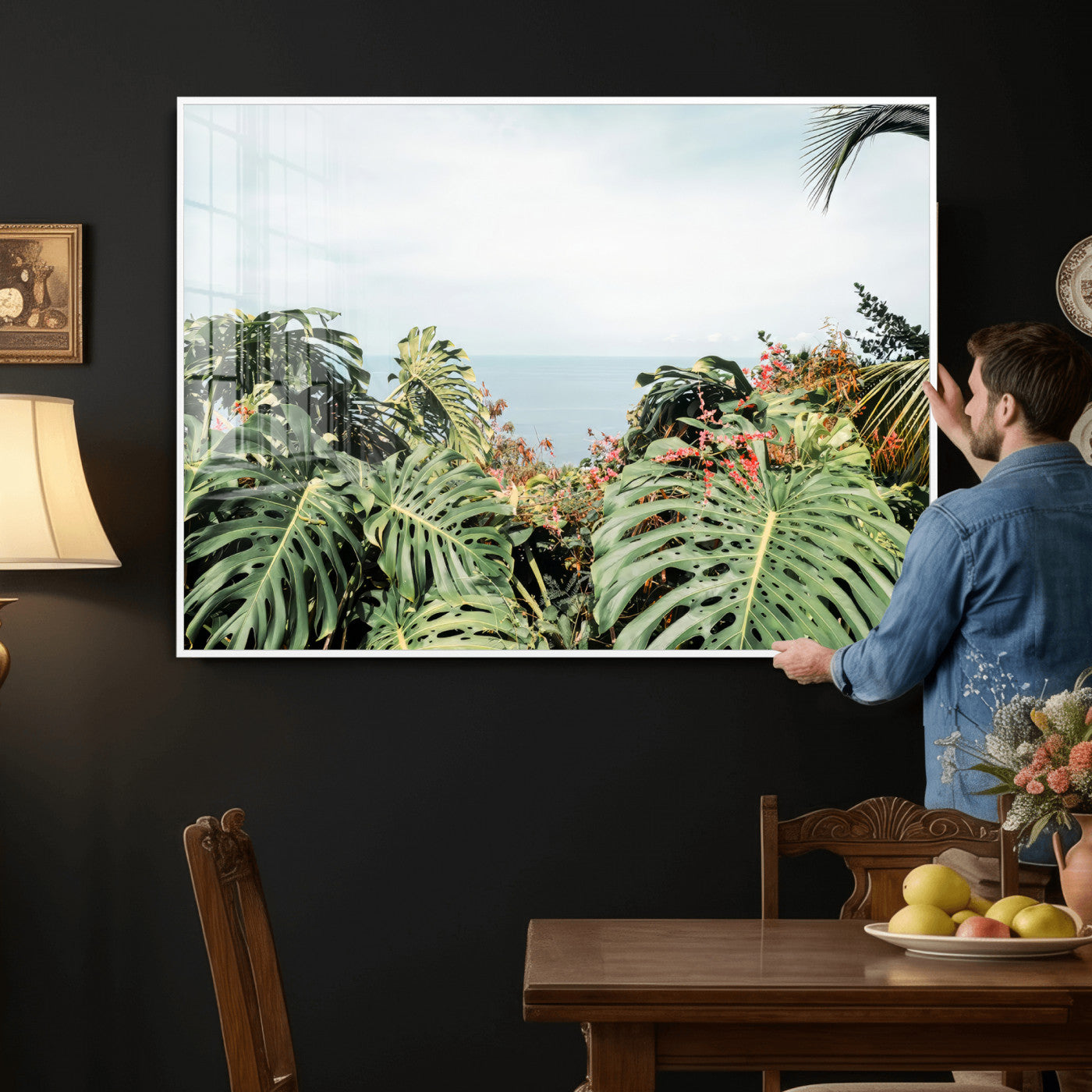 45700479-MGV-CV-36X24 - Tropical Greenery Wall Art – Exotic Leaves & Ocean View Canvas Print, Sunlit Paradise and Vibrant Nature for Living Room or Coastal Decor