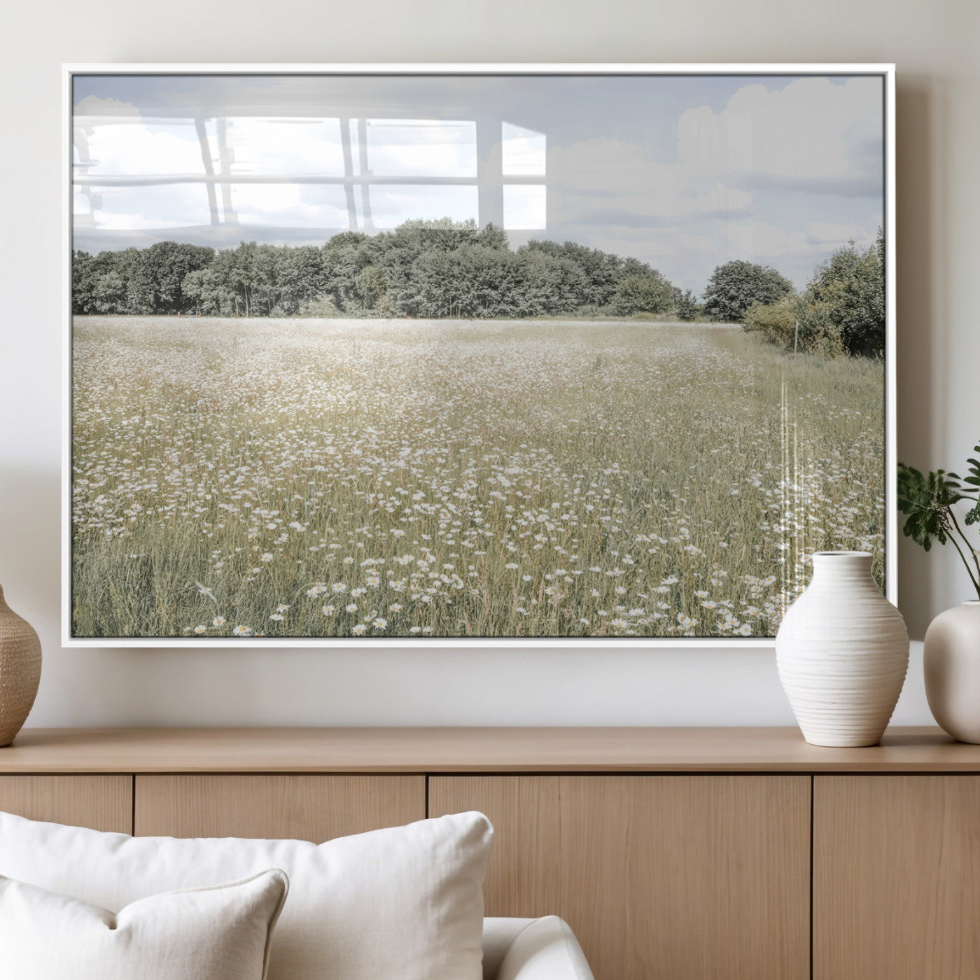 43258946-MGV-FP-36X24-3P_White-Charming Daisy Field Wall Art Canvas Print – Framed Pastel Flower Meadow Bloom Scandinavian Minimal Artwork for Home Office