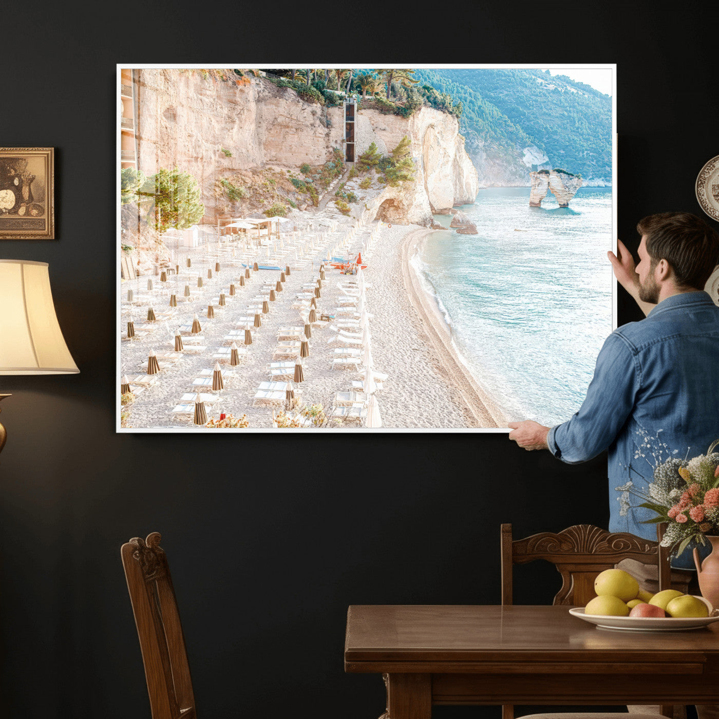 84816639-MGV-CV-36X24 - Sunny Beach Wall Art – Chairs & Umbrellas Canvas Print, Clear Water, Rocky Cliffs, Coastal Calm for Living Room or Vacation Home Decor