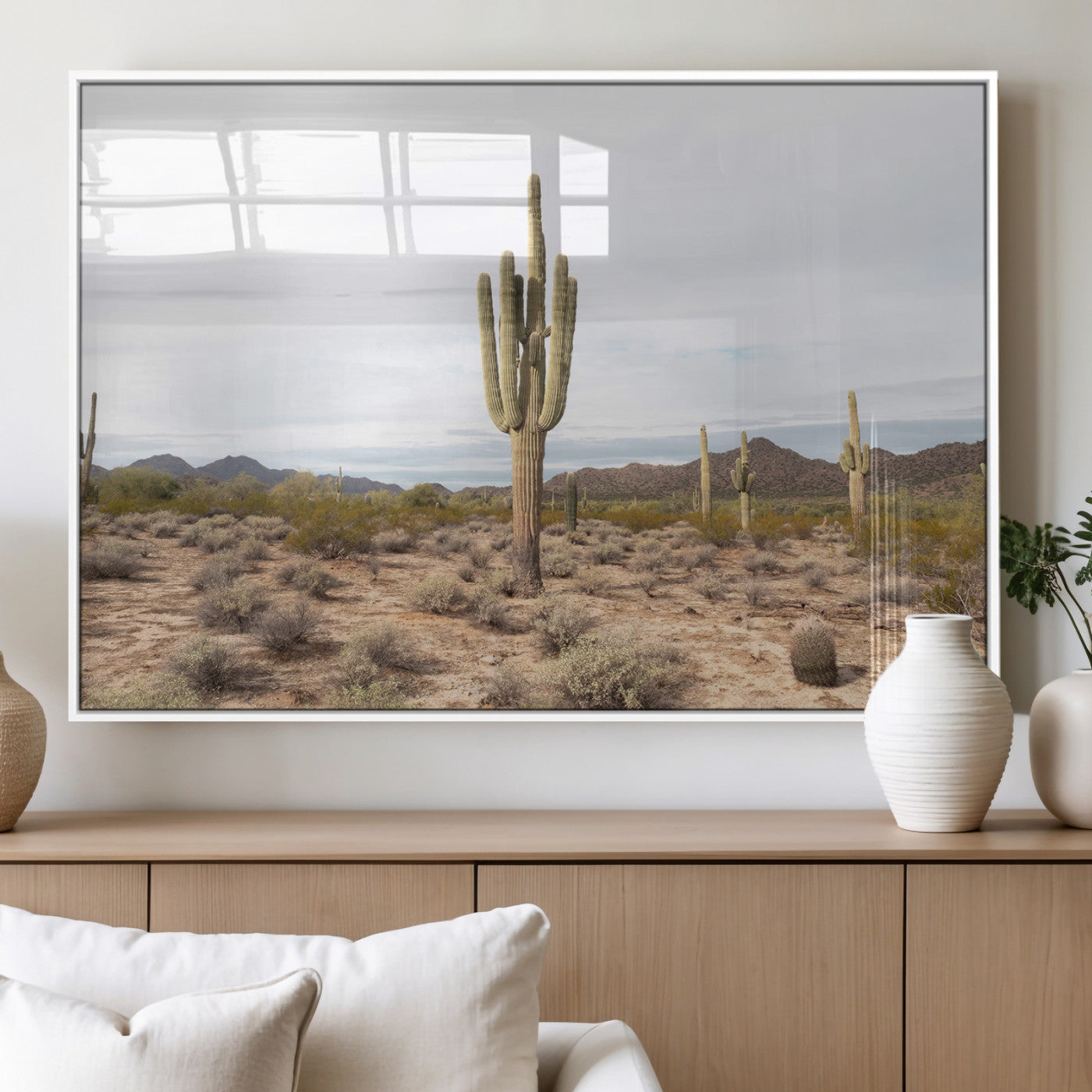 MGV-FP-36X24-3P - Saguaro Cactus Wall Art Canvas Print, Framed Desert Cactus Art Picture Print, Earthy Desert Perfect Southwestern Boho Decor Artwork