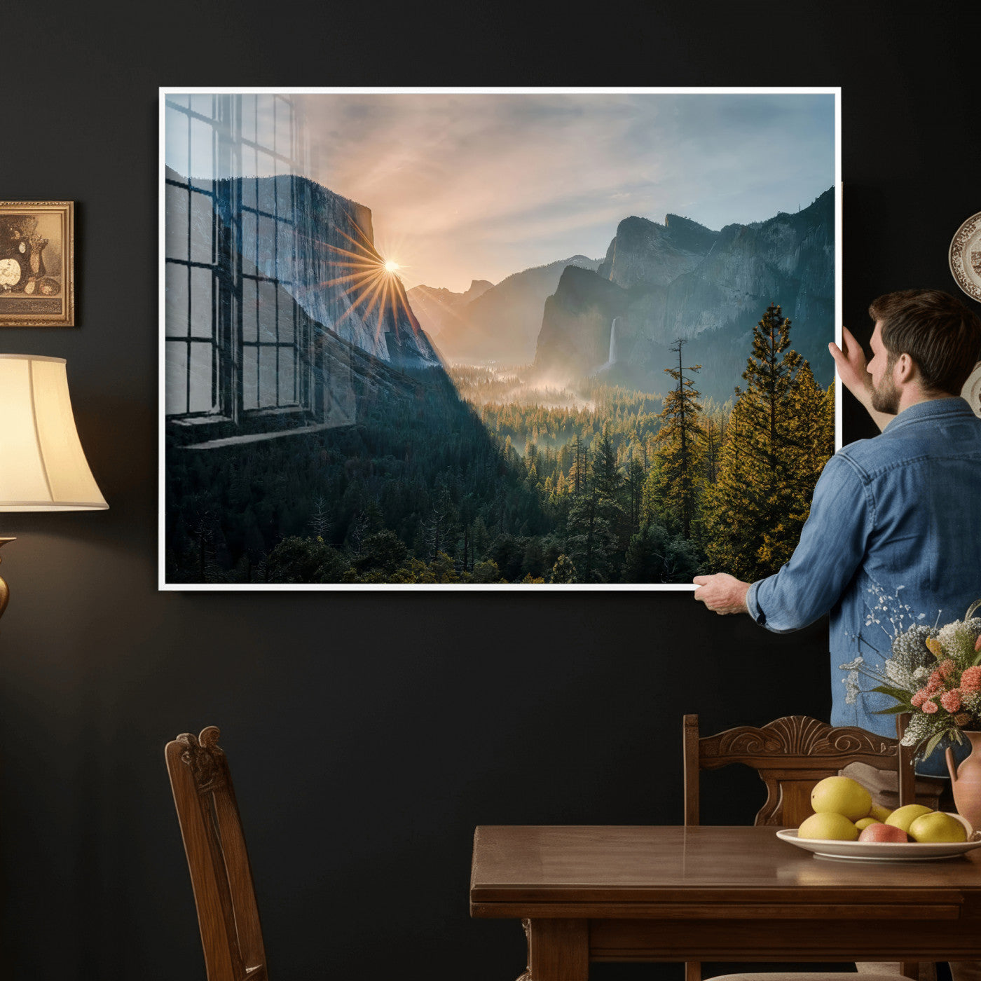 51605481-MGV-CV-36X24 - Yosemite Valley Wall Art – Misty Forest Peaks Canvas Print, Radiant Light, Tranquil Nature Landscape for Living Room or Cabin Decor