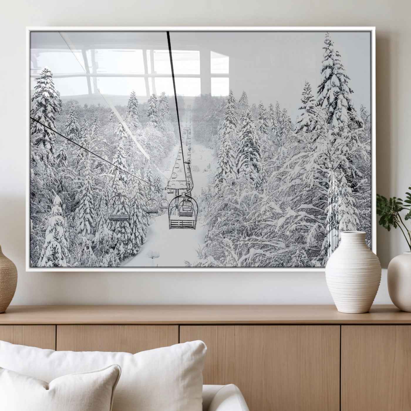 44705668-MGV-FP-36X24-3P_White-Snowy Ski Lift Wall Art – Framed Winter Mountain Canvas Artwork, Serene Forest Design, Modern Nature Decor for Home, Office