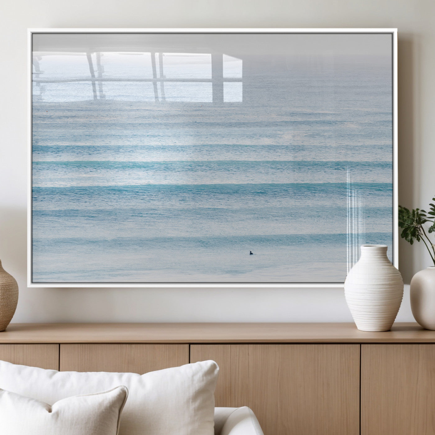 77145995-MGV-FP-36X24-3P_White-Ocean Wave Surfer Wall Art – Framed Minimal Seascape Canvas Artwork, Calm Blue Water Design, Coastal Decor for Home, Office