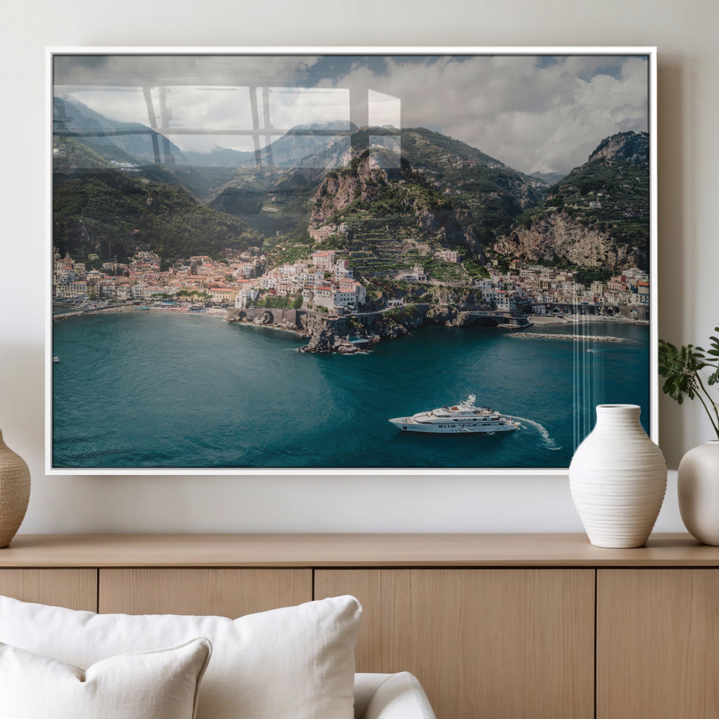 20321590-MGV-FP-36X24-3P_White-Amalfi Coast Wall Art – Framed Italian Seaside Canvas Artwork, Mediterranean Landscape Design, Coastal Decor for Home, Office