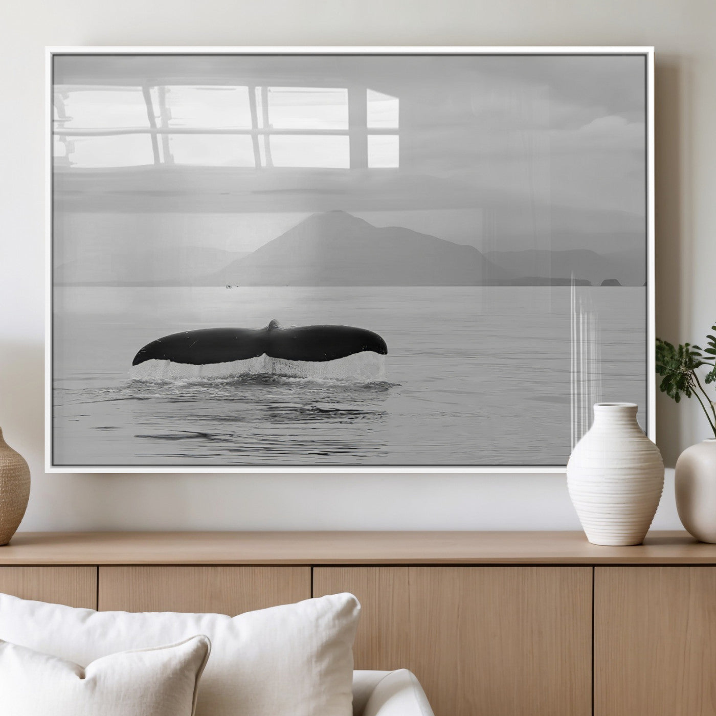 MGV-FP-36X24-3P - Whale Tail Wall Art Canvas Print, Framed Black White Ocean Art Picture Print, Calm Marine Perfect Minimalist Coastal Decor Artwork