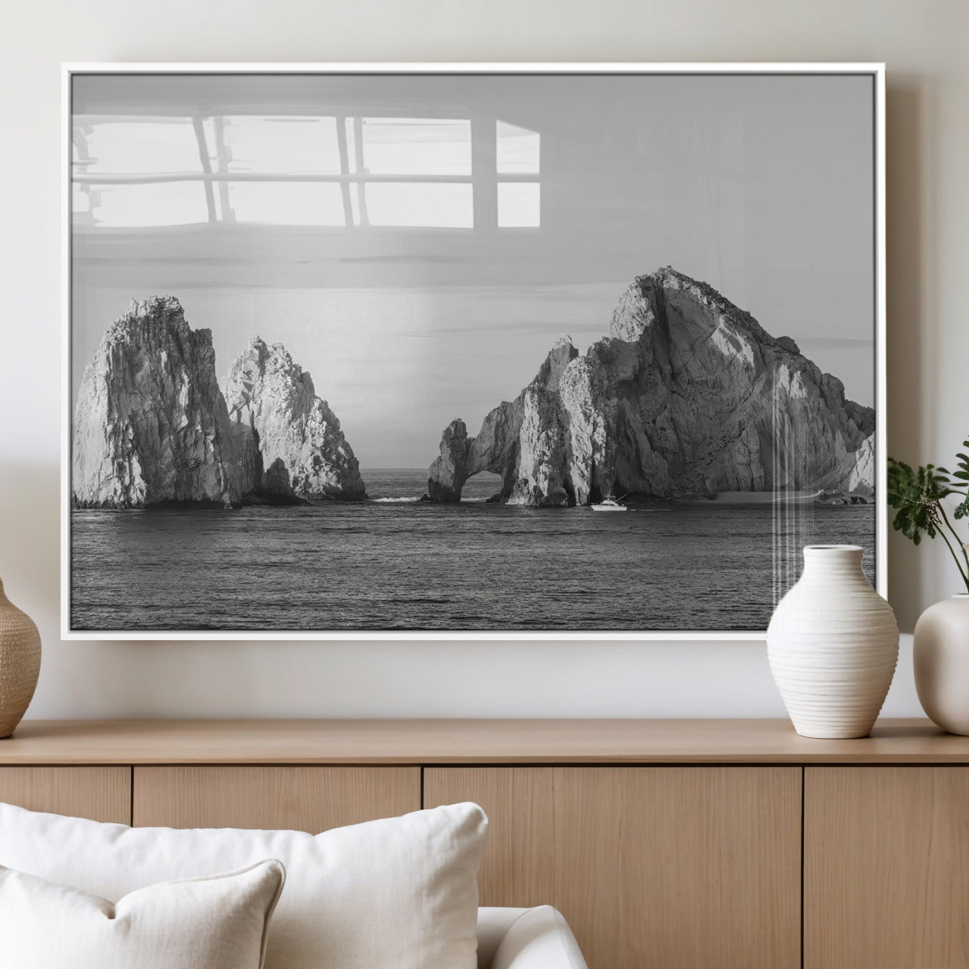 MGV-FP-36X24-3P - Rugged Coastline Wall Art Canvas Print, Framed Ocean Cliffs Art Picture Print, Monochrome Seascape Perfect Coastal Minimalist Decor Artwork
