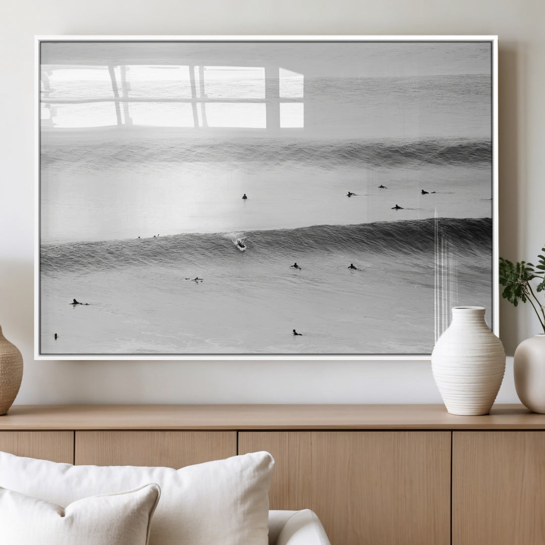 Black White Ocean Wall Art Canvas Print, Framed Coastal Sport and Ocean Swimmers Scene