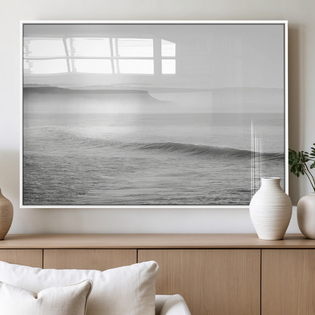 Black and White Seascape Wall Art Canvas Print, Framed Misty Ocean Waves
