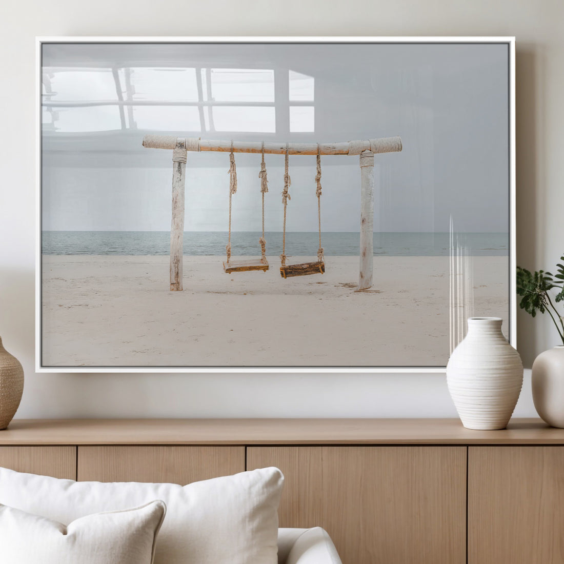 Beach Swing Wall Art Canvas Print, Framed Quiet Beach and Calm Shoreline Artwork