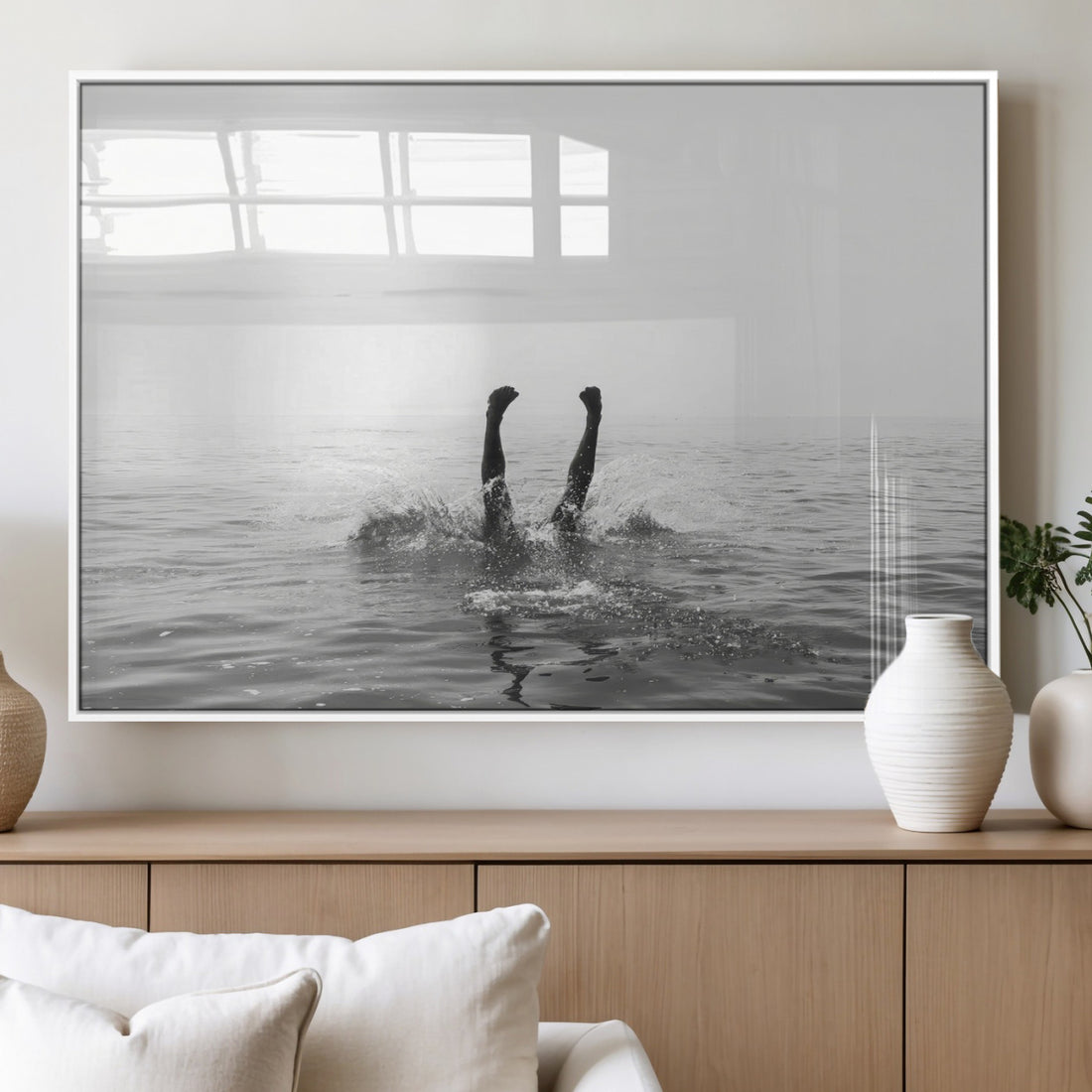 Black White Ocean Wall Art Canvas Print, Framed Monochrome Diving into Water Artwork