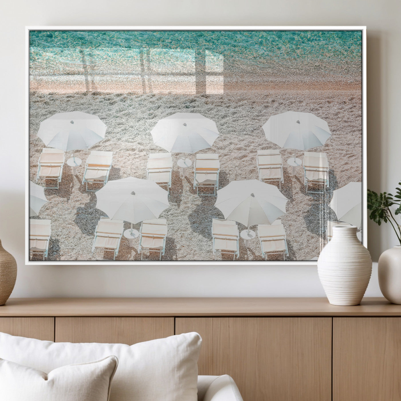 MGV-FP-36X24-3P - Calm Beach Wall Art Canvas Print, Framed Turquoise Water Art Picture Print, Umbrella Shoreline Perfect Coastal Minimalist Decor Artwork