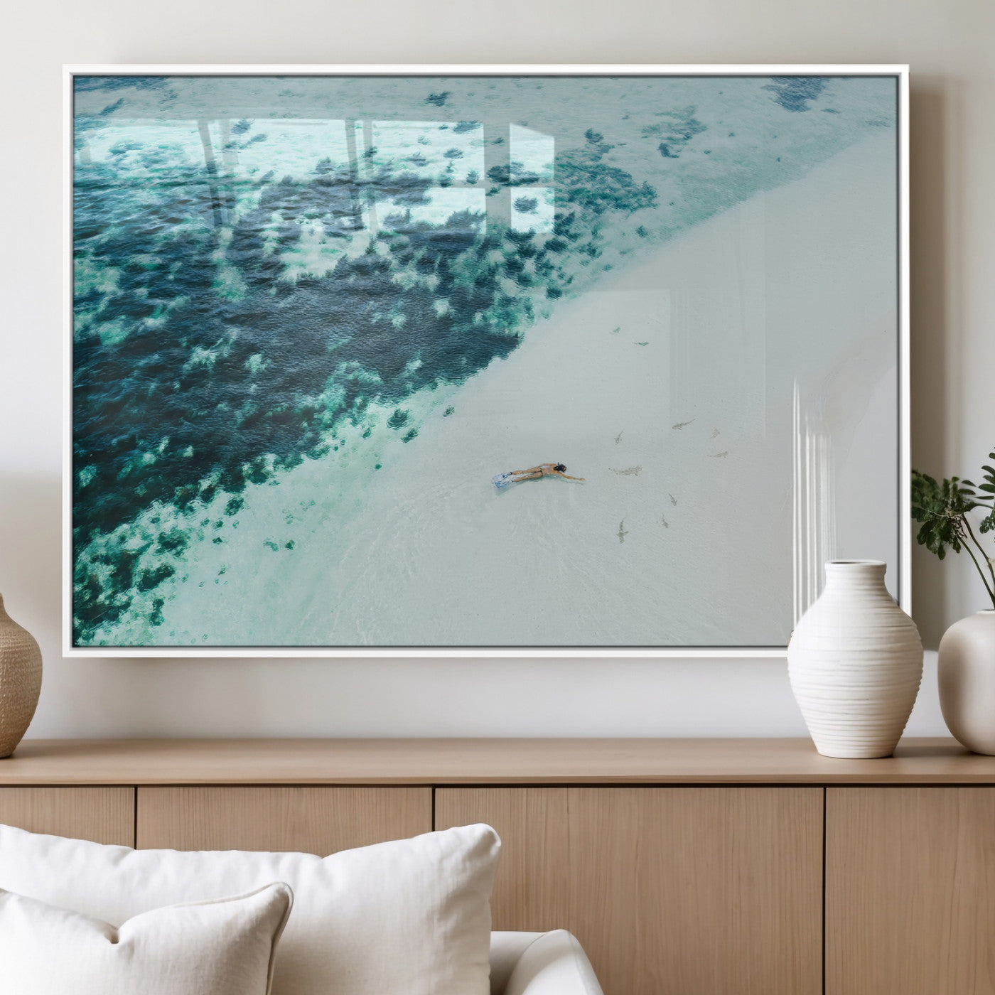 33764764-MGV-FP-36X24-3P_White-Minimal Beach Wall Art – Framed Ocean Swimming Canvas Artwork, Clear Blue Sea Design, Modern Coastal Decor for Home, Office