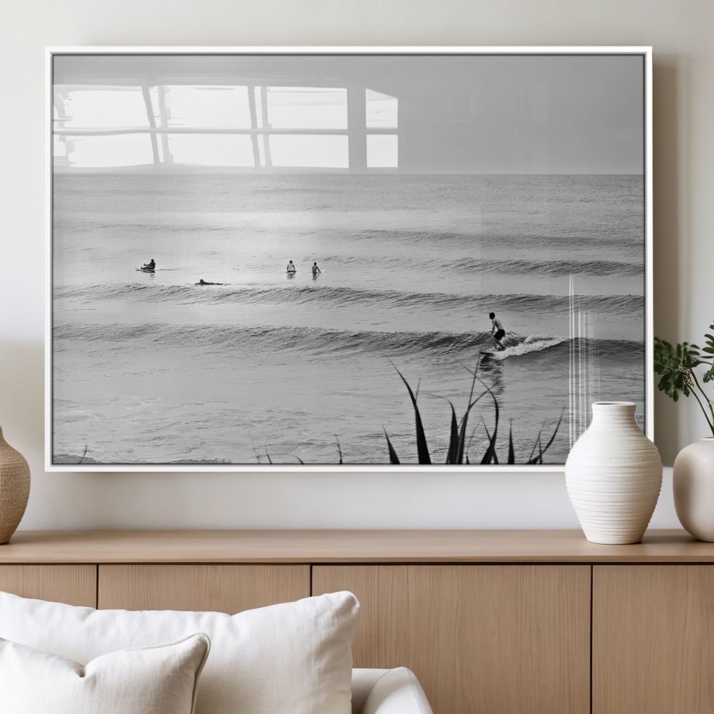 33821421-MGV-FP-36X24-3P_White-Surfer Silhouette Wall Art Canvas Print – Framed Calm Ocean Scene with Monochrome Surf Artwork for Home, Office