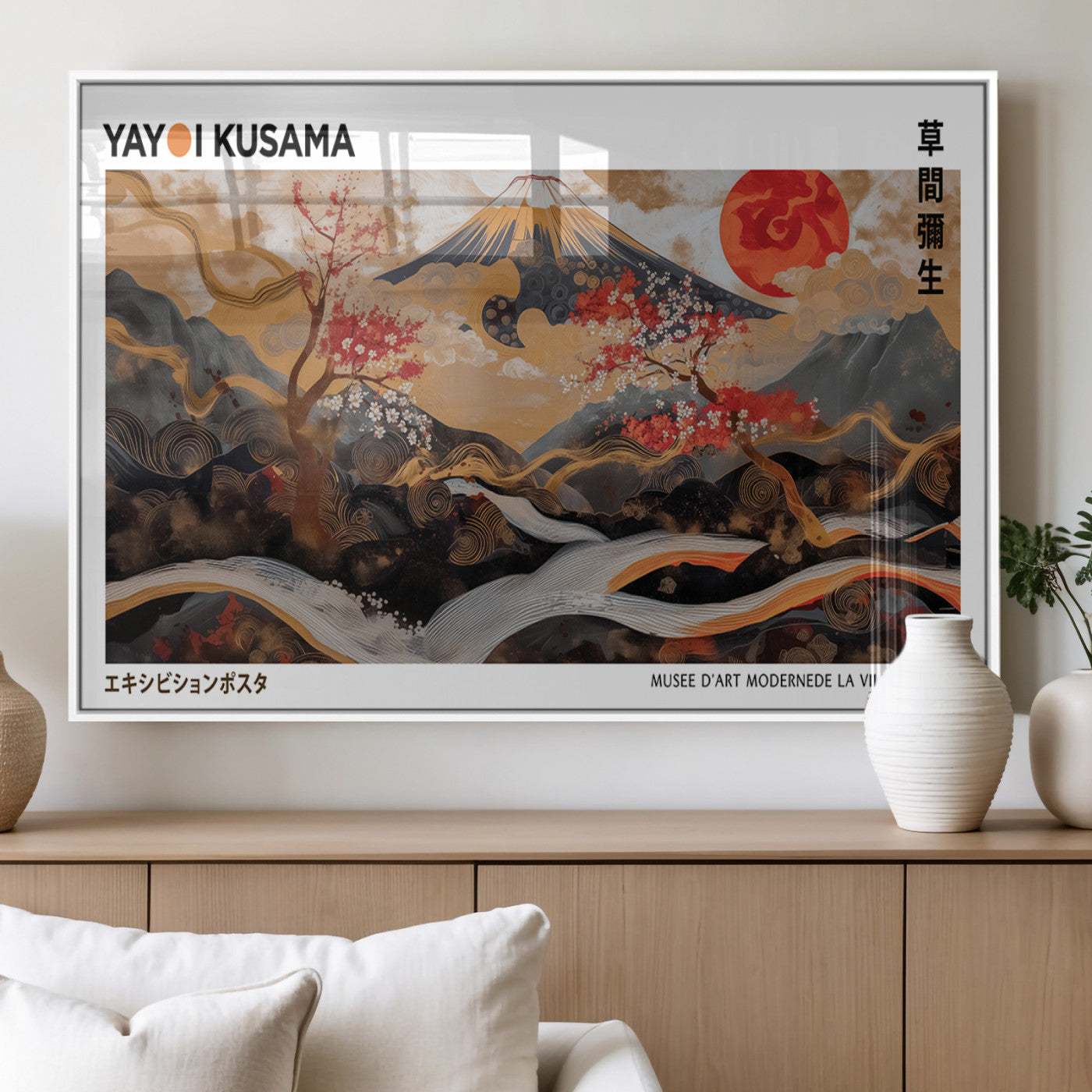 40959107-MGV-FP-36X24-3P_White-Modern Japanese Wall Art Canvas Print – Framed Abstract Mount Fuji Scene Inspired Yayoi Kusama for Home, Office